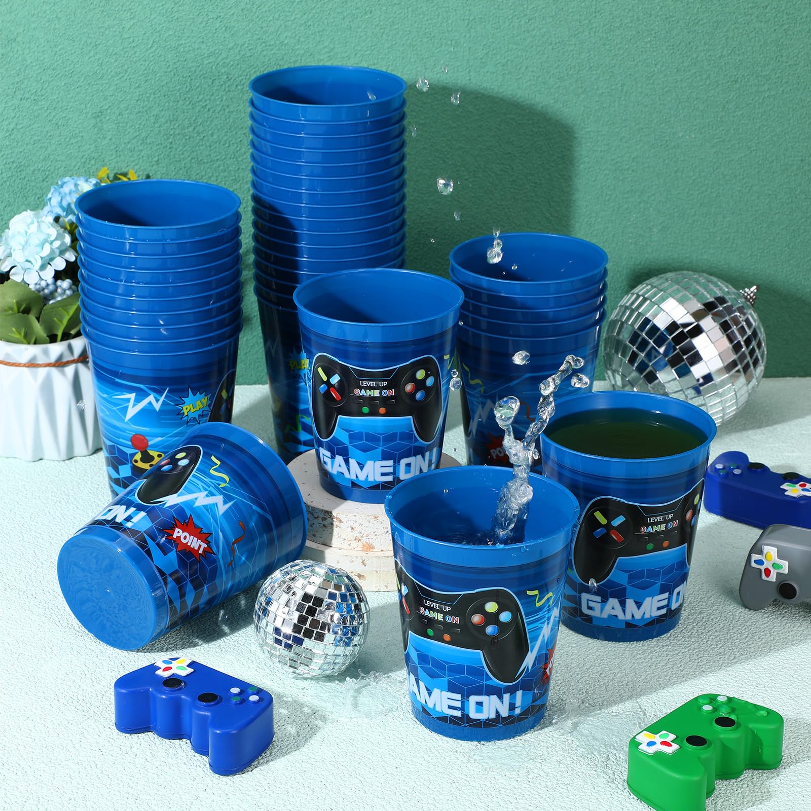 Tanlade 50-Pack 16oz Reusable Plastic Video Game Themed Cups - Blue Gaming Party Supplies for Birthday Decorations & Gamer Favors | Perfect for Game Nights, LAN Parties & Esports Events