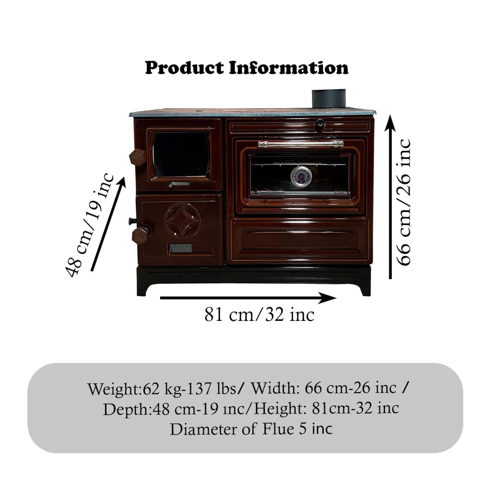 Premium Cast Iron Wood Burning Oven - Durable Baking & Cooking Stove with Built-in Thermometer, Glass Window & Heating Function - Made in Turkey (Brown) - Perfect for Outdoor Cooking, Camping, Pizza Making & Rustic Home Decor