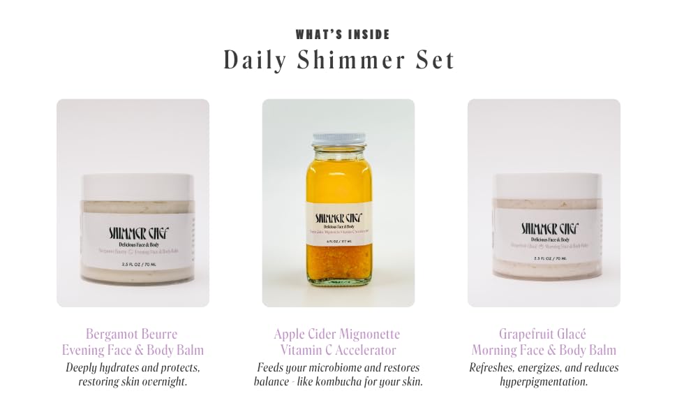 Daily Shimmer Set | Morning & Evening Face & Body Balms with Apple Cider Vinegar & Vitamin C | Radiant Glow Booster, Collagen Enhancement | Hydrating, Protective & Antioxidant Formulas | Perfect for Skincare Routine & Gift Giving