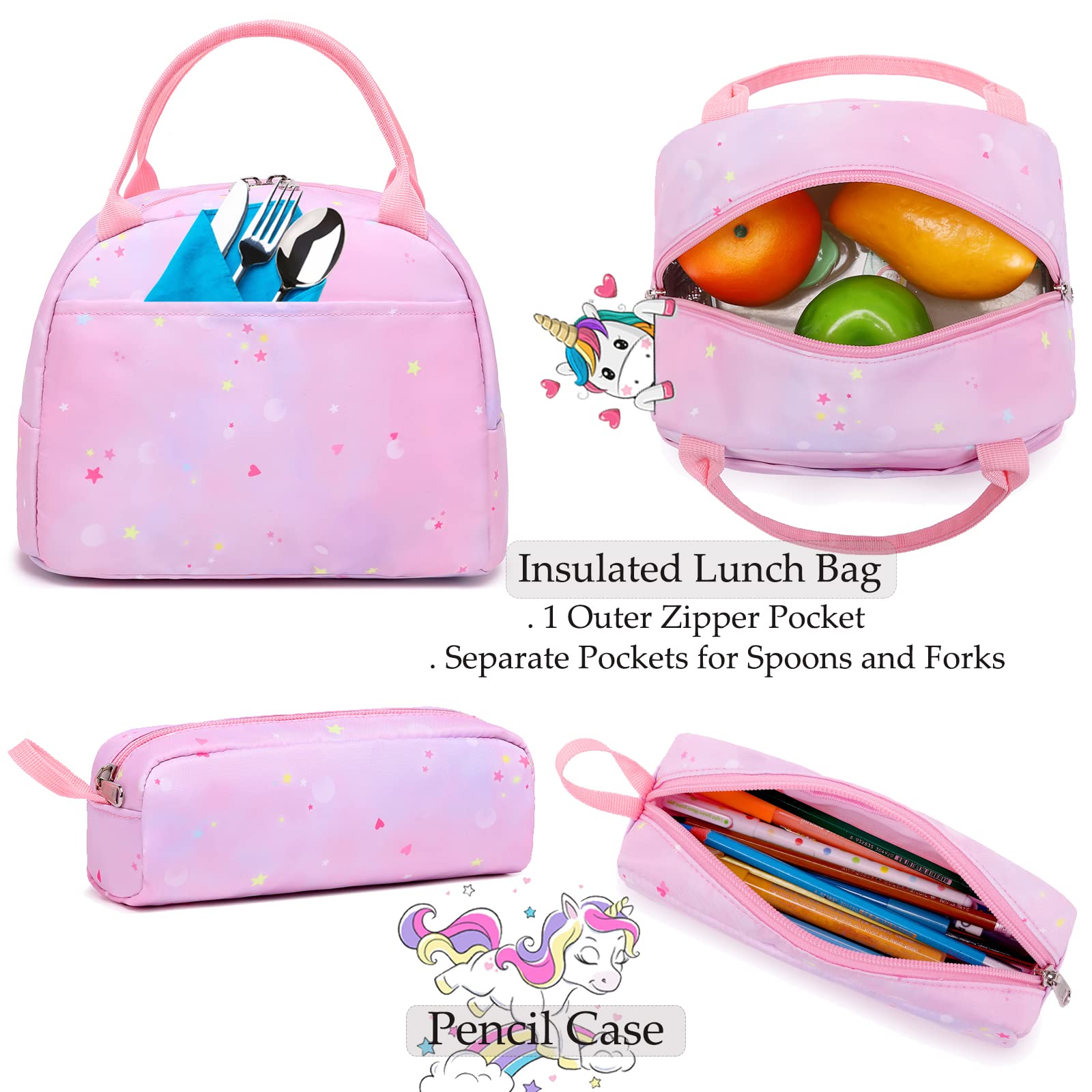 Unicorn Backpack for Girls - 3-in-1 School Bookbag Set with Pencil Case & Lunch Box | Cute Elementary Backpack for Kids | Perfect for School, Travel & Daily Use