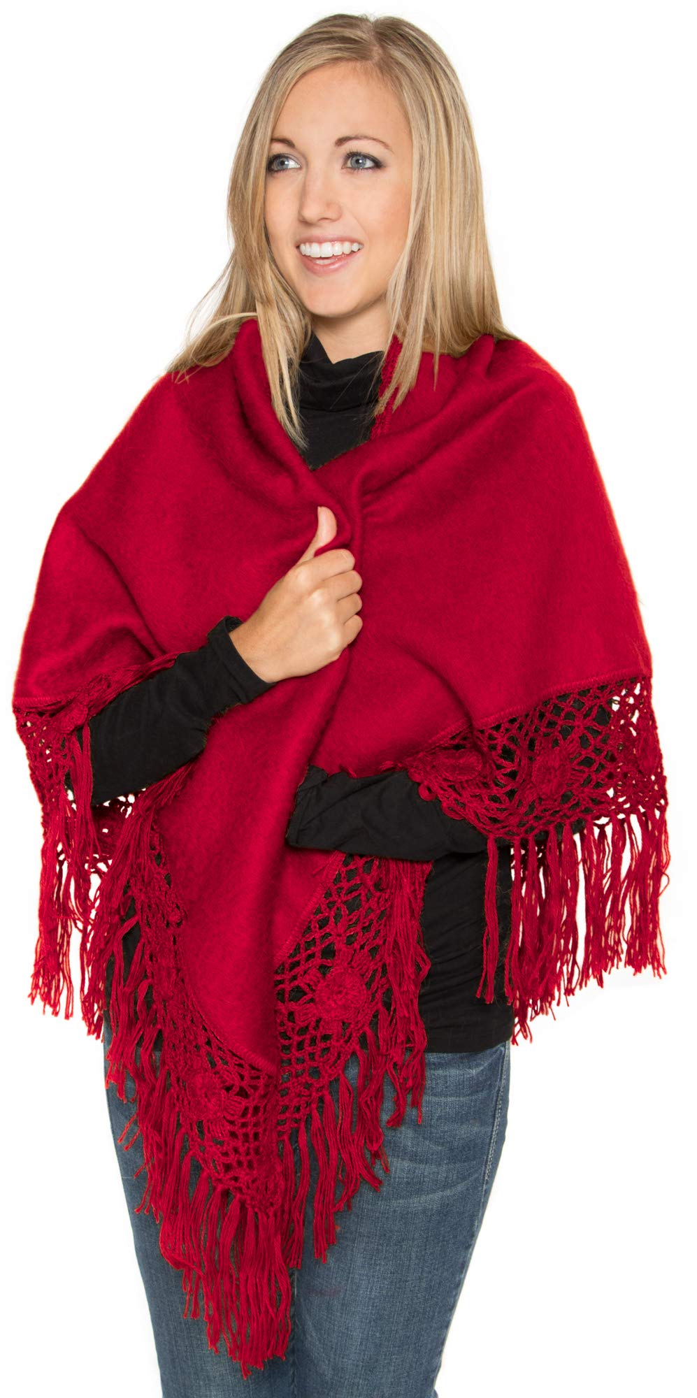 Handmade Alpaca Wool Triangle Shawl with Crochet Flower Trim - Warm & Soft Wrap for Women, Perfect for Winter, Weddings, and Special Occasions