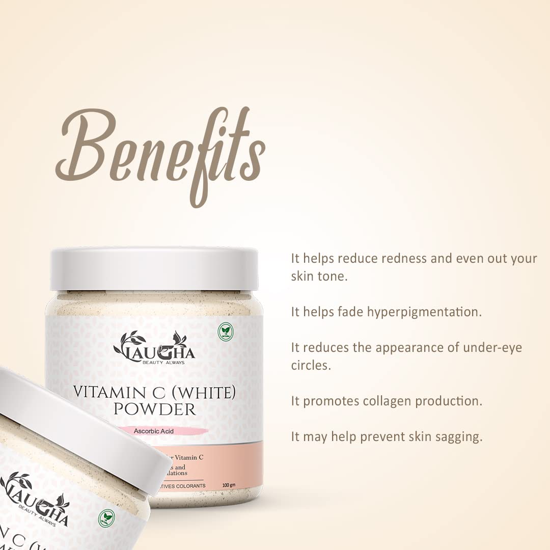 Laugha Natural & Organic Vitamin C Powder for Skin Care & Brightening - 100g (Pack of 2 Jars, 200g Total) | Face Mask, Glow Boost, Anti-Aging Treatment for Radiant Skin