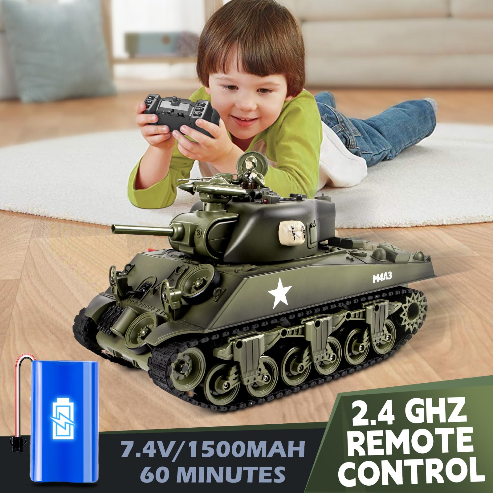 1/18 Scale RC Sherman M4A3 Tank - 2.4GHz Remote Control Military Toy with Realistic Sound, Smoke, BBS Bullets, Water Bombs & Recoil Effect - Collectible Army Tank for Adults & Kids - Perfect for Battle Reenactments, Outdoor Play & Display