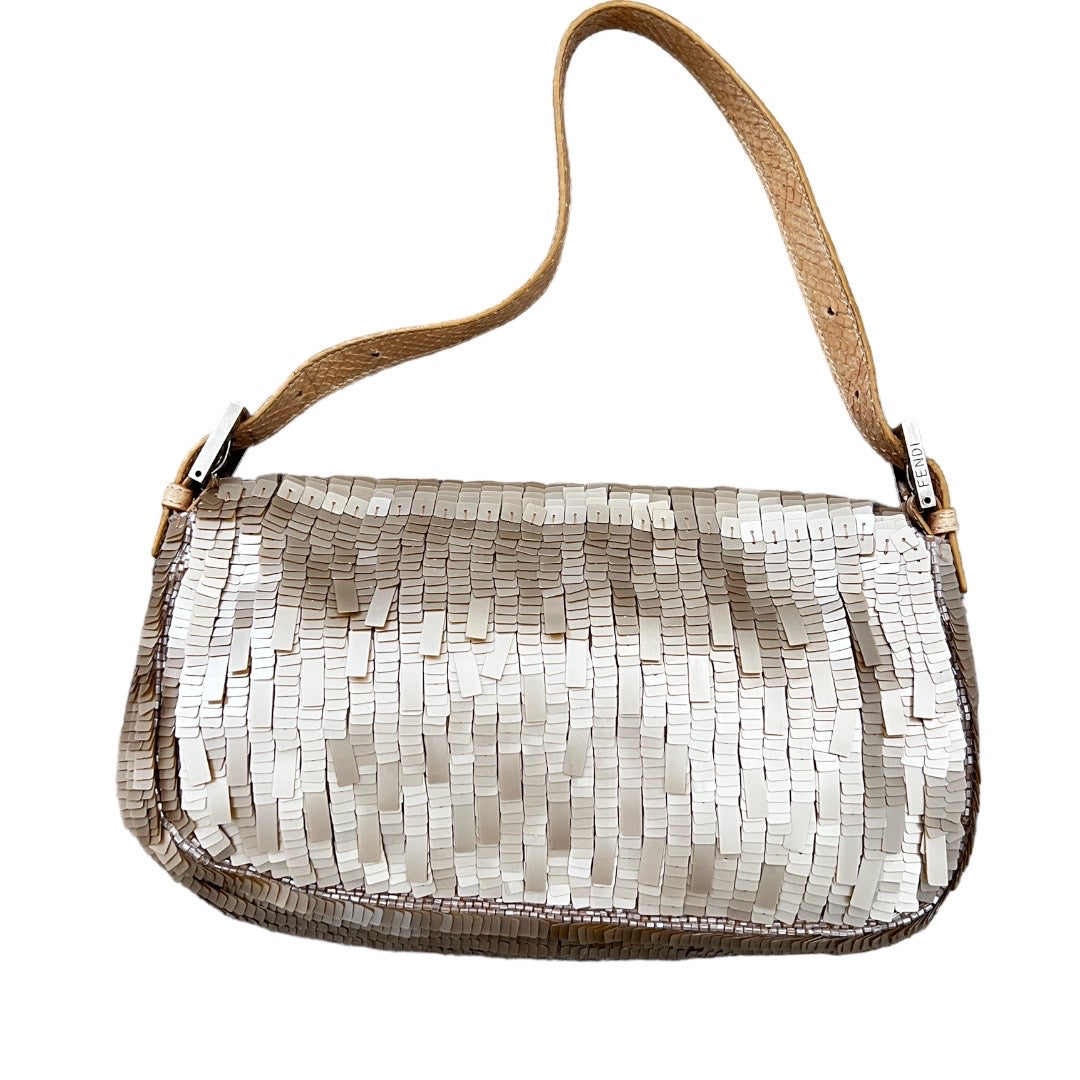 Fendi Champagne Gold Sequin Baguette Bag - Elegant Evening Clutch for Parties, Weddings & Special Events