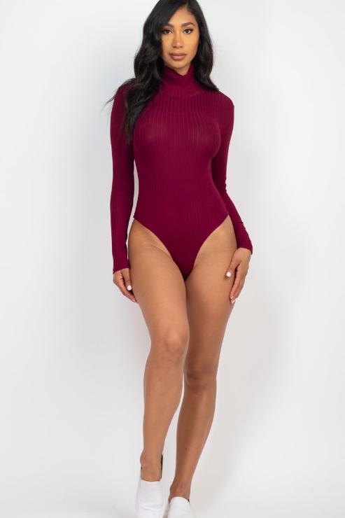 Women's Ribbed Turtle Neck Long Sleeve Bodysuit - Stretchy Slim Fit Basic Top for Layering, Casual Wear & Office Outfits