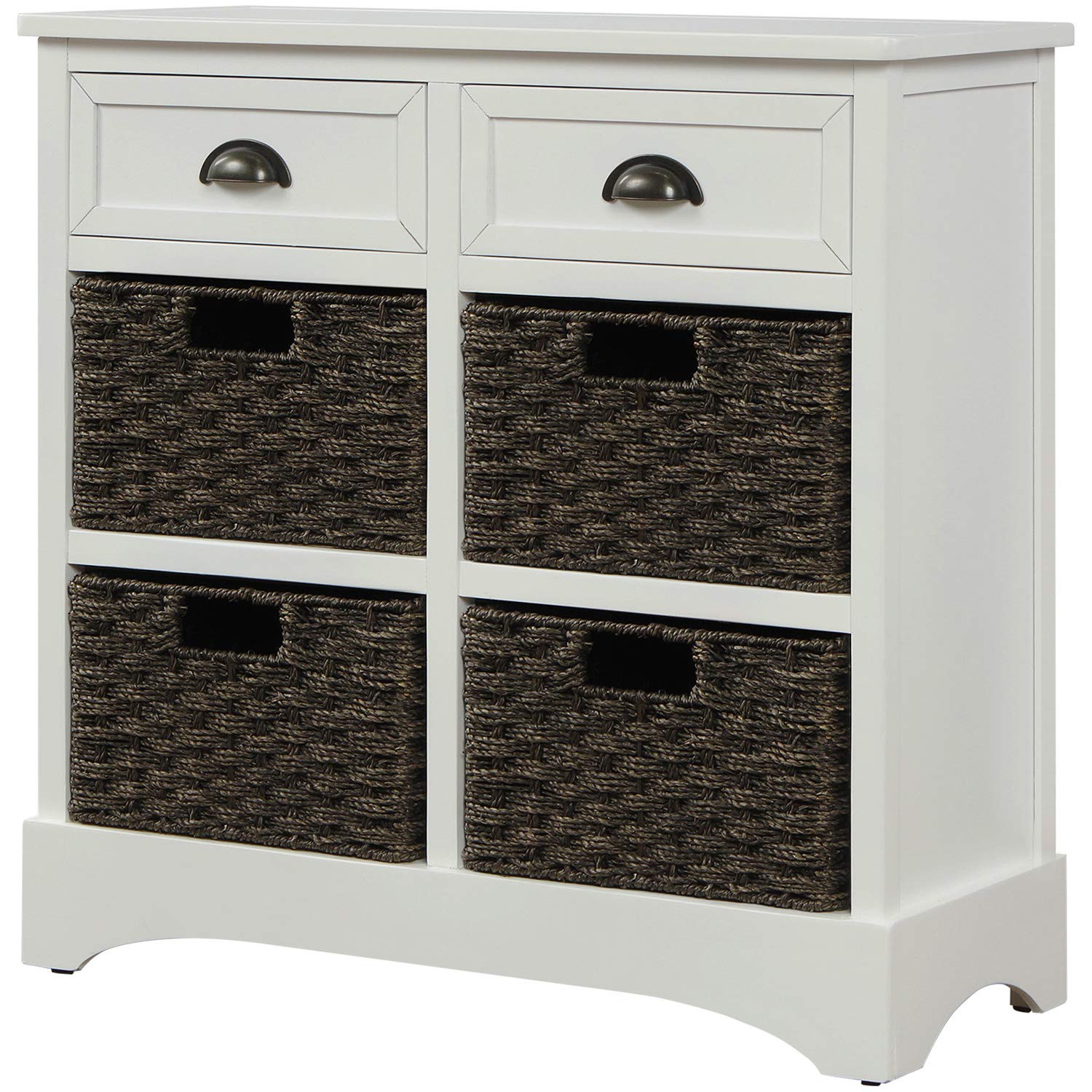 Rustic White Wicker Storage Cabinet with 2 Drawers & 4 Rattan Baskets - Entryway Table, Hallway Organizer, Kitchen & Dining Room Storage - Perfect for Farmhouse, Cottage & Boho Home Decor
