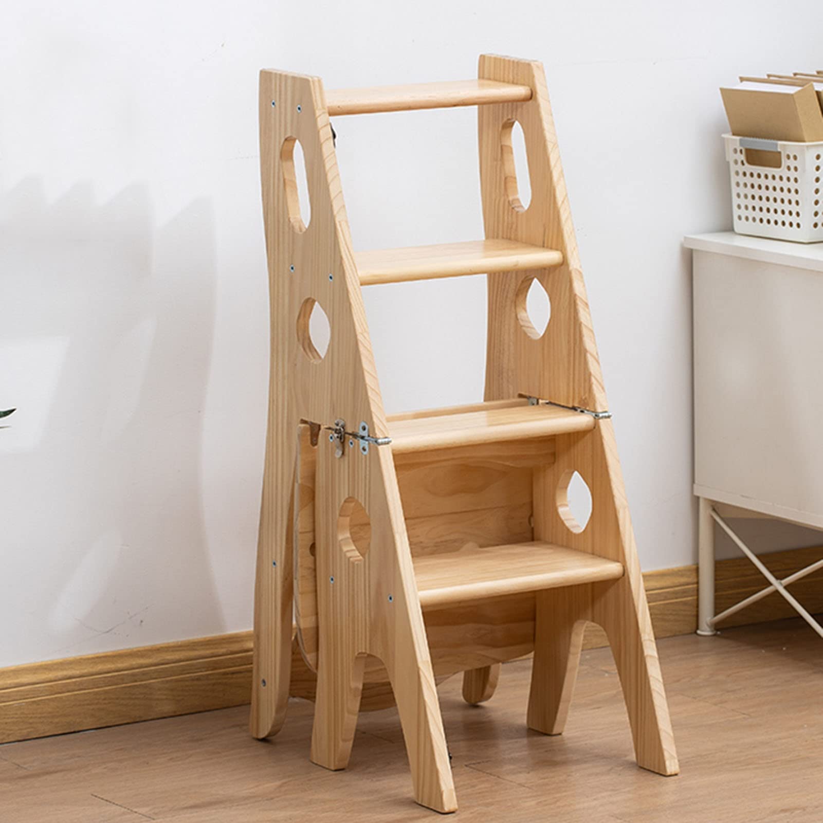 FADUNI Wooden Folding Step Stool, 4-Step Ladder Stool for Indoor Use - Compact, Multifunctional Step Stool for Kitchen, Bathroom, Library, and Home Storage