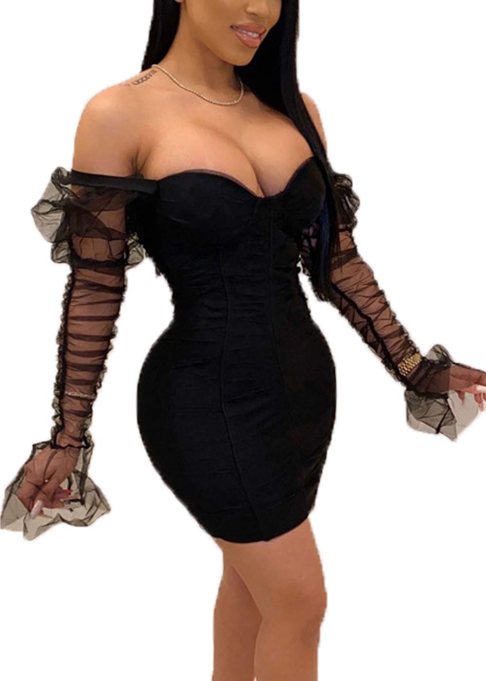 Sexy Women's Clubwear Bodycon Mini Dress - Long Sleeve Mesh Patchwork Party Dress for Nightclub, Cocktail Party & Date Night | Cocoinsity
