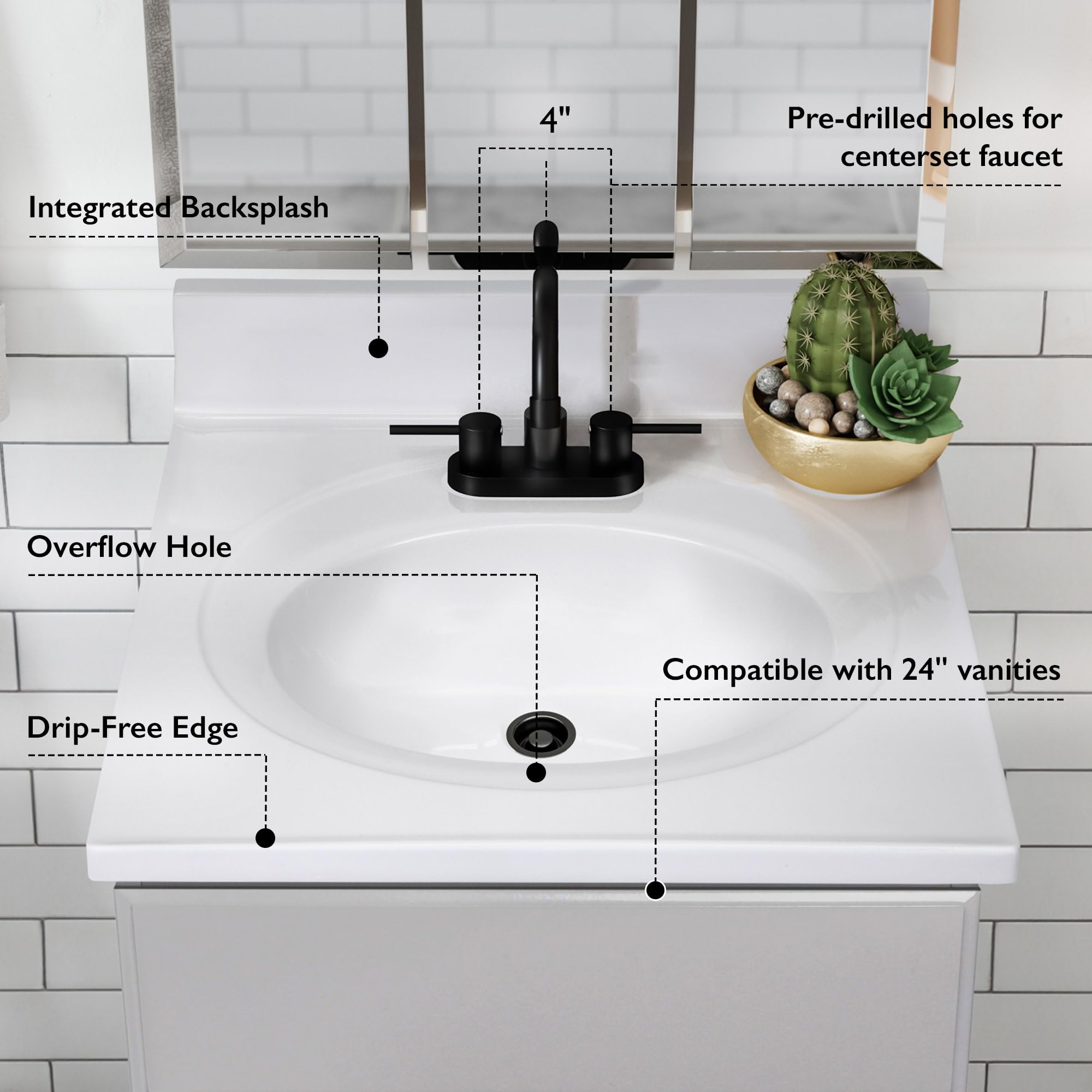 25 Inch White Cultured Marble Bathroom Vanity Top with Backsplash - Durable Modern Design for Home Renovation | Perfect for Master Bath, Guest Bath & Powder Room Upgrades (Design House 586222)