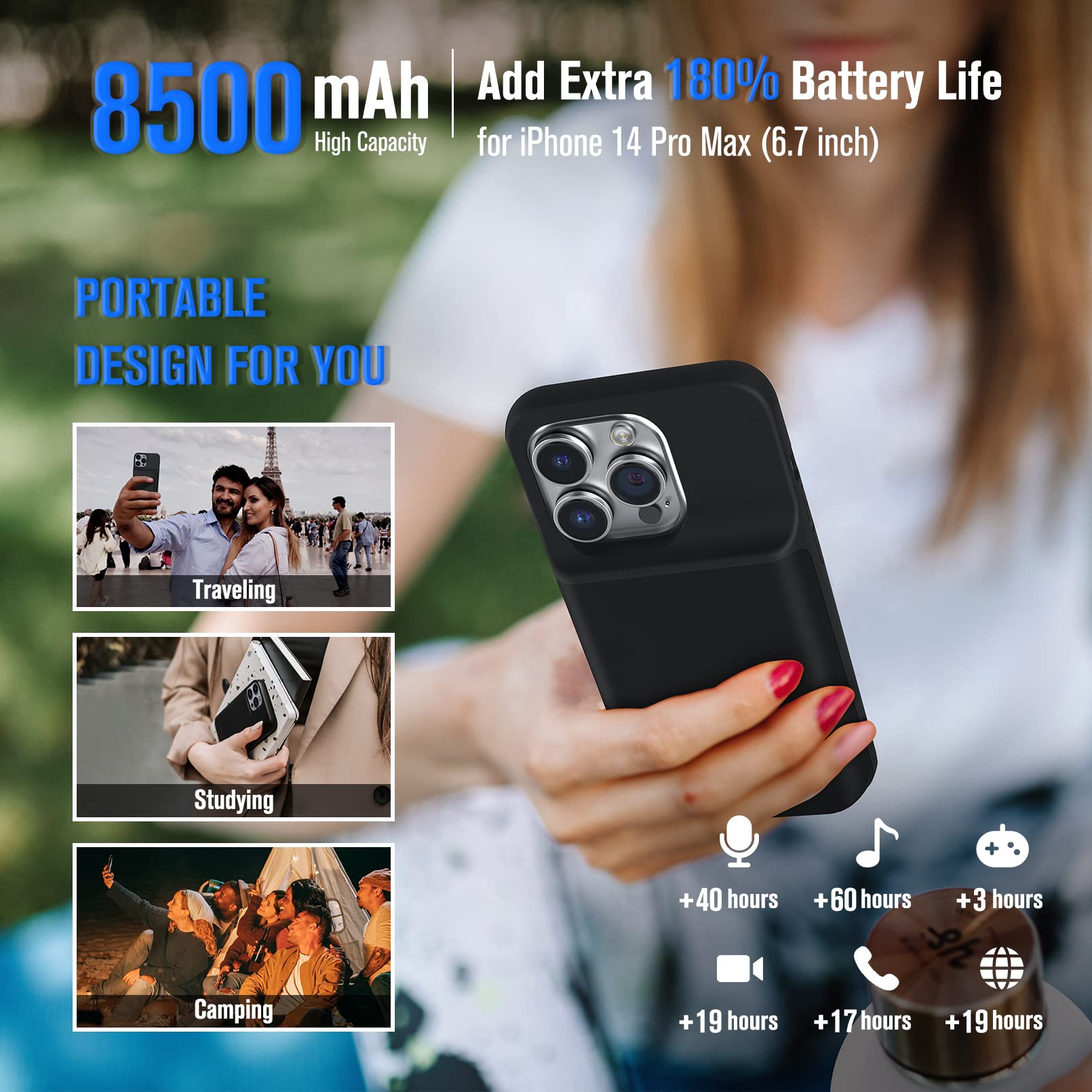 Gladgogo 8500mAh Extended Battery Case for iPhone 14 Pro Max (6.7 inch) - Protective Charging Cover & Portable Power Bank - Perfect for Travel, Work & Outdoor Activities - Black