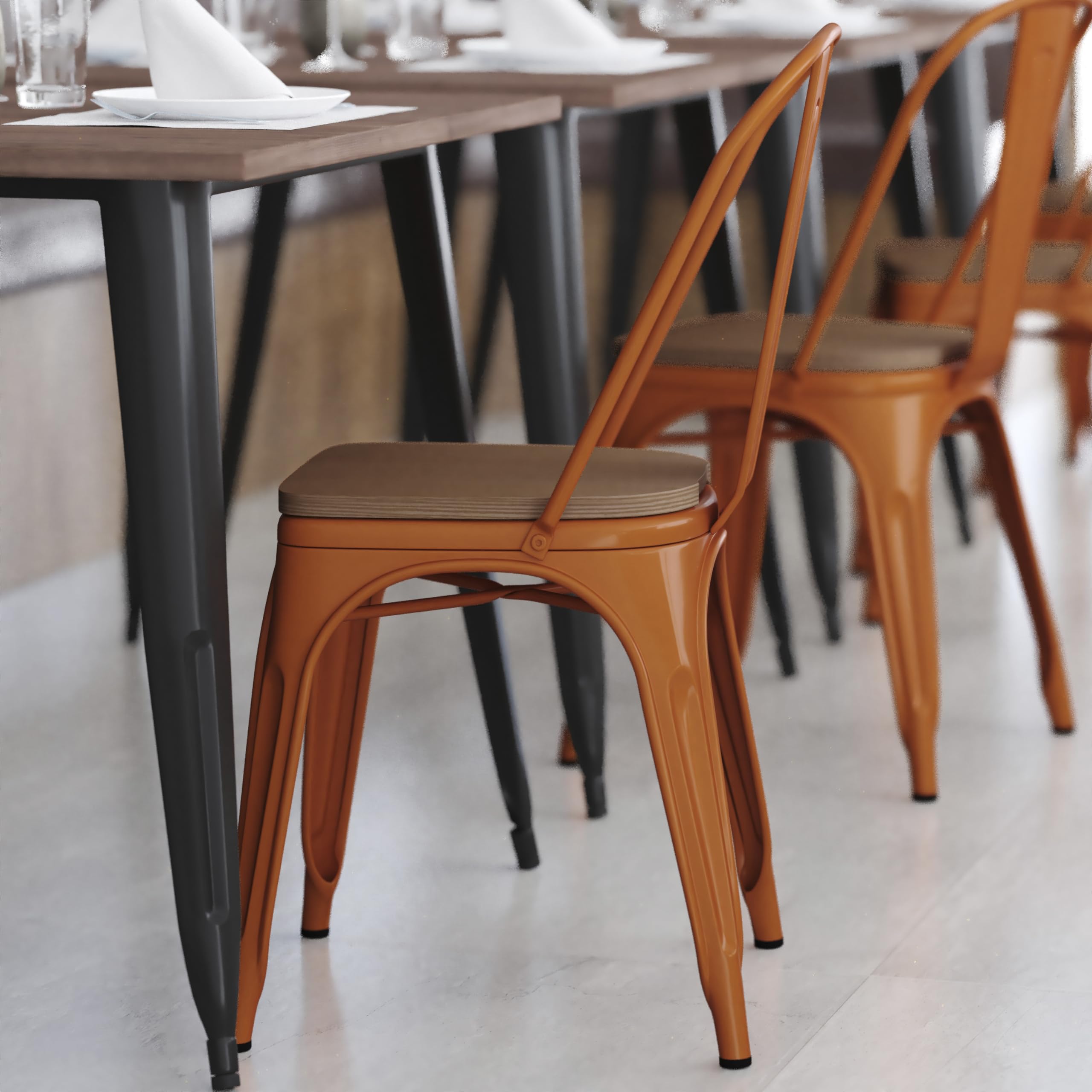 Commercial Stackable Chairs for Indoor & Outdoor Use - Durable Orange Metal Frame with Comfortable Teak Poly Resin Seat - Rounded Edges for Comfort - Perfect for Restaurants, Cafes, Events & Patio Seating