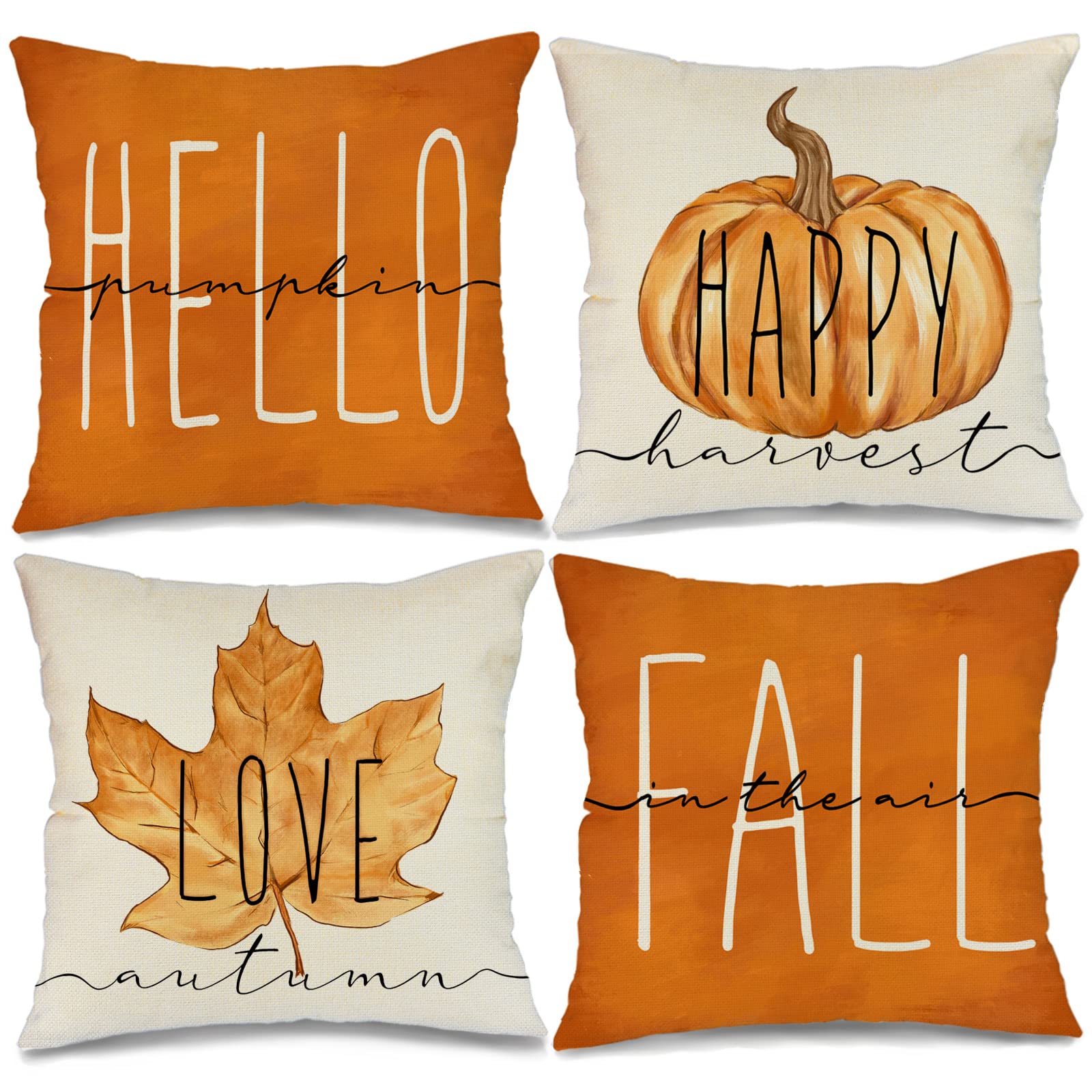 GEEORY 18x18 Fall Pillow Covers Set of 4 - Pumpkin Maple Leaves Harvest Thanksgiving Decor for Couch, Sofa & Porch - Farmhouse Autumn Throw Pillow Cases for Seasonal Home Decor