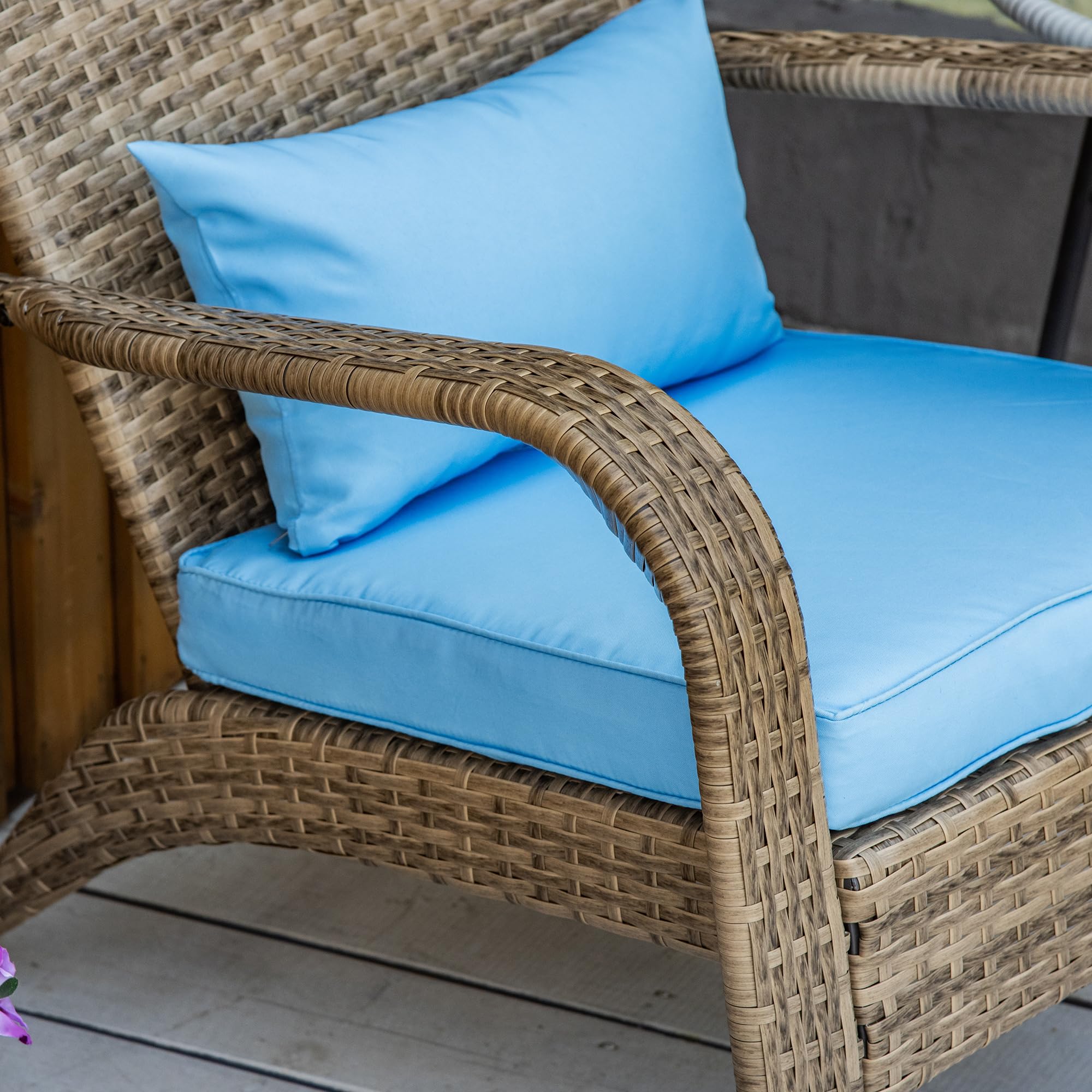 Outsunny All-Weather Wicker Adirondack Chair with Cushions - Sky Blue Patio Furniture for Outdoor Relaxation by Fire Pit, Deck or Garden - Comfortable Curved Backrest & Armrests for Backyard, Poolside & Porch Use