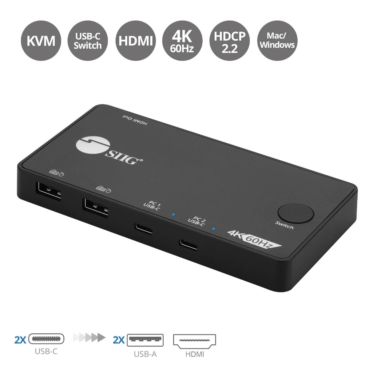 SIIG 2 Port USB-C KVM Switch - Share 1 Monitor Between 2 Computers with 4K 60Hz HDMI | 2X USB-A & 2X USB-C Ports | USB-C Bus Powered | Button Control | Thunderbolt 3 Compatible (CE-KV0B11-S1) | Perfect for Home Office, Gaming & Multi-Device Workspaces