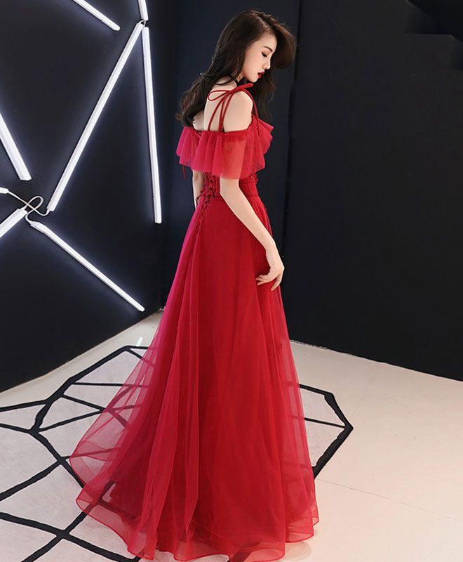 Elegant Red Tulle Lace Long Prom Dress with Floral Embroidery - Formal Evening Gown for Homecoming, Quinceañera & Special Occasions - Perfect for Prom Night, Wedding Guest & Black Tie Events