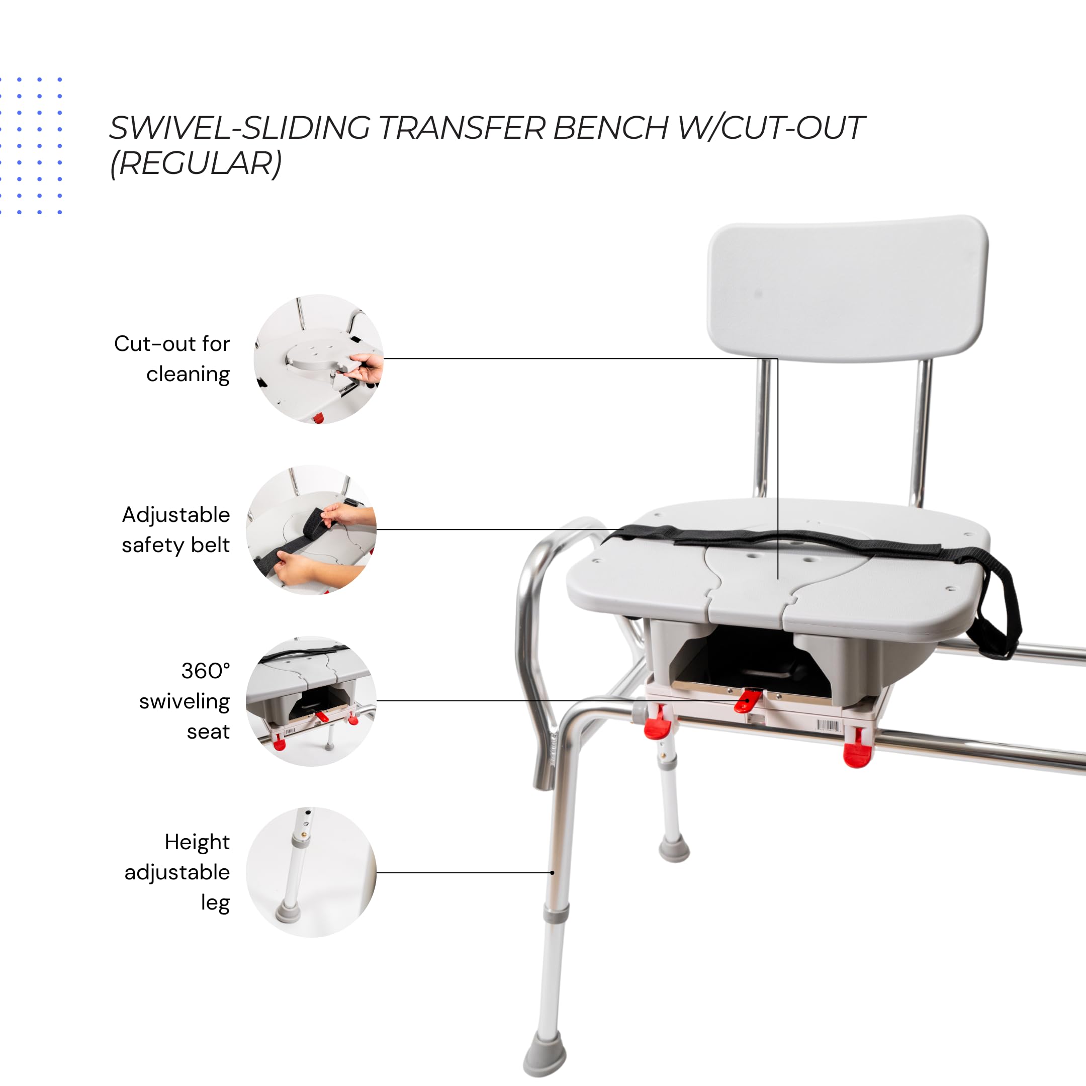 Eagle Health Supplies Adjustable Height Swivel Sliding Shower Chair & Bathtub Transfer Bench with Cut-Out Design - Heavy Duty 400 lbs Capacity - Safety Shower Seat for Elderly & Disabled Adults - Ideal for Bathroom Safety, Mobility Assistance & Post-Surgery Recovery (Model 77663)