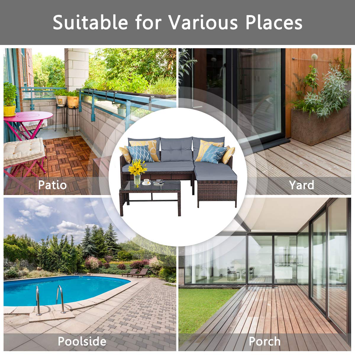 All-Weather Moccha Patio Furniture Set - 6-Piece Sectional Sofa with Lounge Chaise, Loveseat & Coffee Table - Durable Rattan Wicker Outdoor Couch with Washable Cushions - Perfect for Garden, Backyard, Poolside or Balcony (Grey)