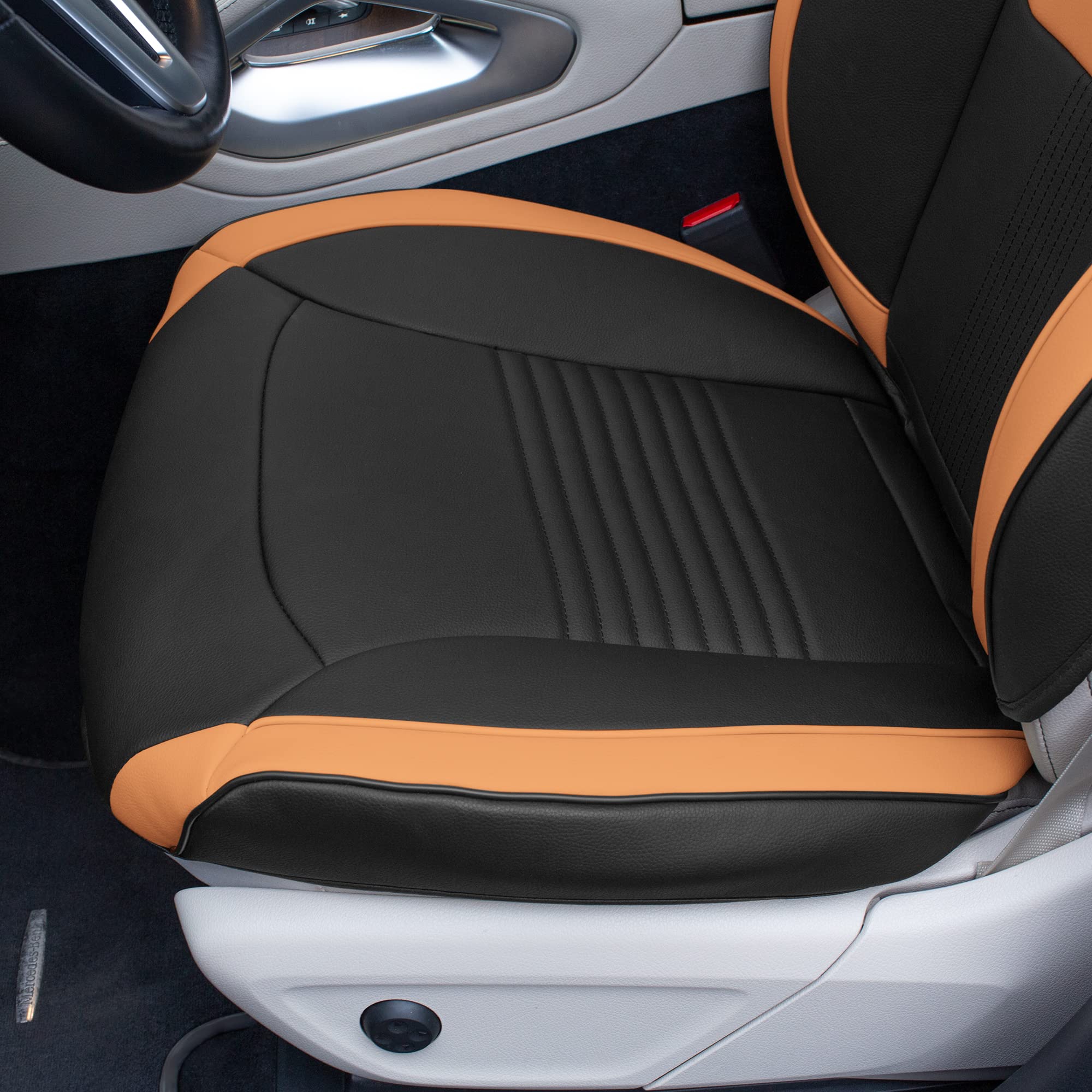 Premium TLH Hybrid70 Deluxe Faux Leather Brown Car Seat Covers Set - Modern Pattern, Universal Fit for Cars, Trucks & SUVs (2-Pack) | Waterproof Seat Protector Cushion | Perfect for Daily Commute, Road Trips & Family Travel