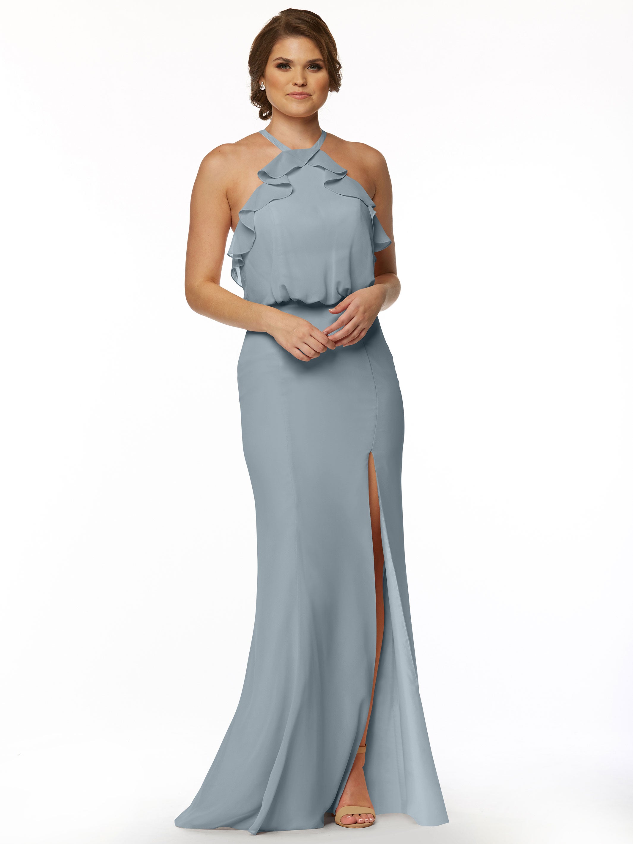 Elegant 80147 Fit and Flare Chiffon Bridesmaid Dress with Ruffled Neckline & Thigh Slit - Perfect for Weddings, Proms, and Formal Events