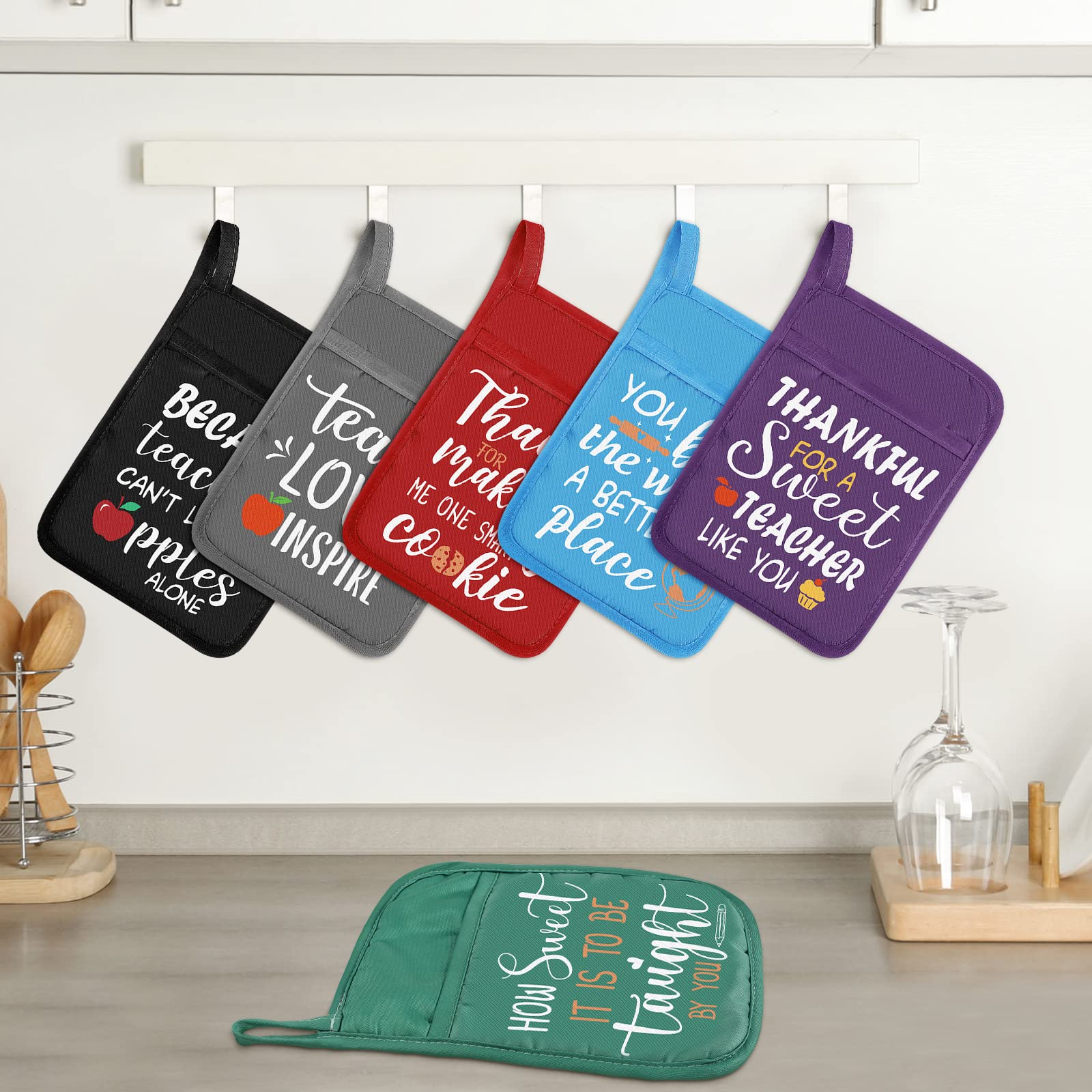 6-Piece Funny Teacher Appreciation Gift Set - Heat Resistant Oven Mitts with Hand Pocket & Hanging Loop - Perfect for Teachers, Women & Cookie Baking Enthusiasts - Ideal for Classroom Gifts, Teacher Week & Holiday Presents