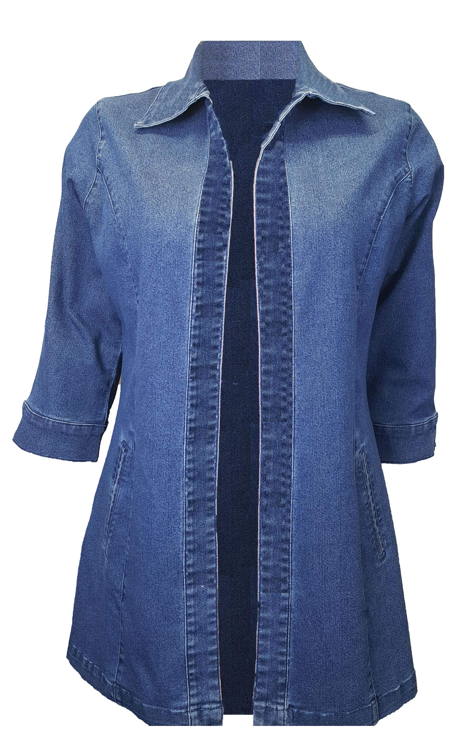 Women's Blue or Red Stretch Denim Duster Jacket - Casual Longline Open Front Coat for Spring & Fall Layering