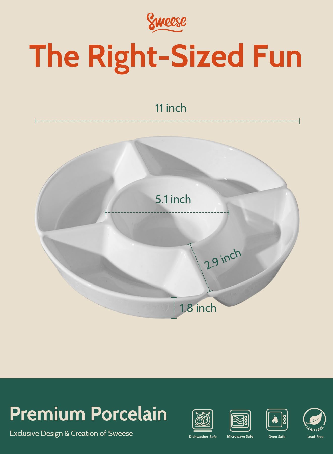 Sweese Porcelain Chip & Dip Serving Set - Divided Relish Tray for Chips, Dips, Veggies, Candy & Snacks - Elegant White Serving Platter - Perfect for Parties, Game Nights & Entertaining