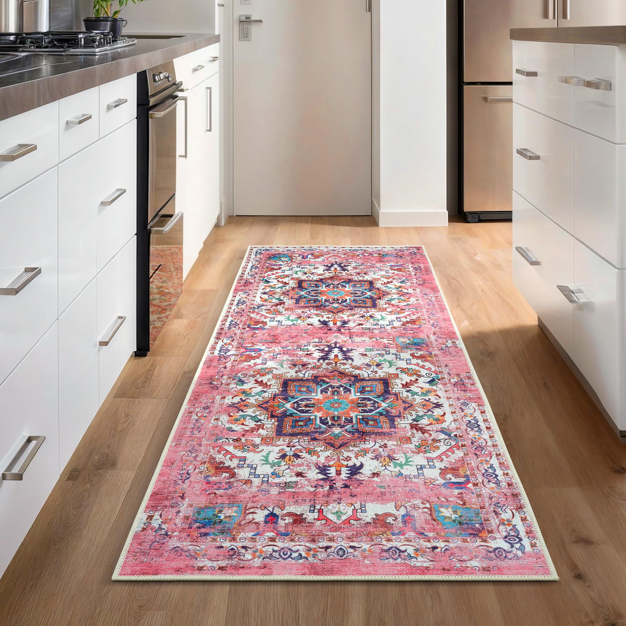 GLN Rugs Traditional Collection - Machine Washable Non-Slip Low Pile Chenille Area Rug for Living Room, Bedroom & Kitchen (2'6