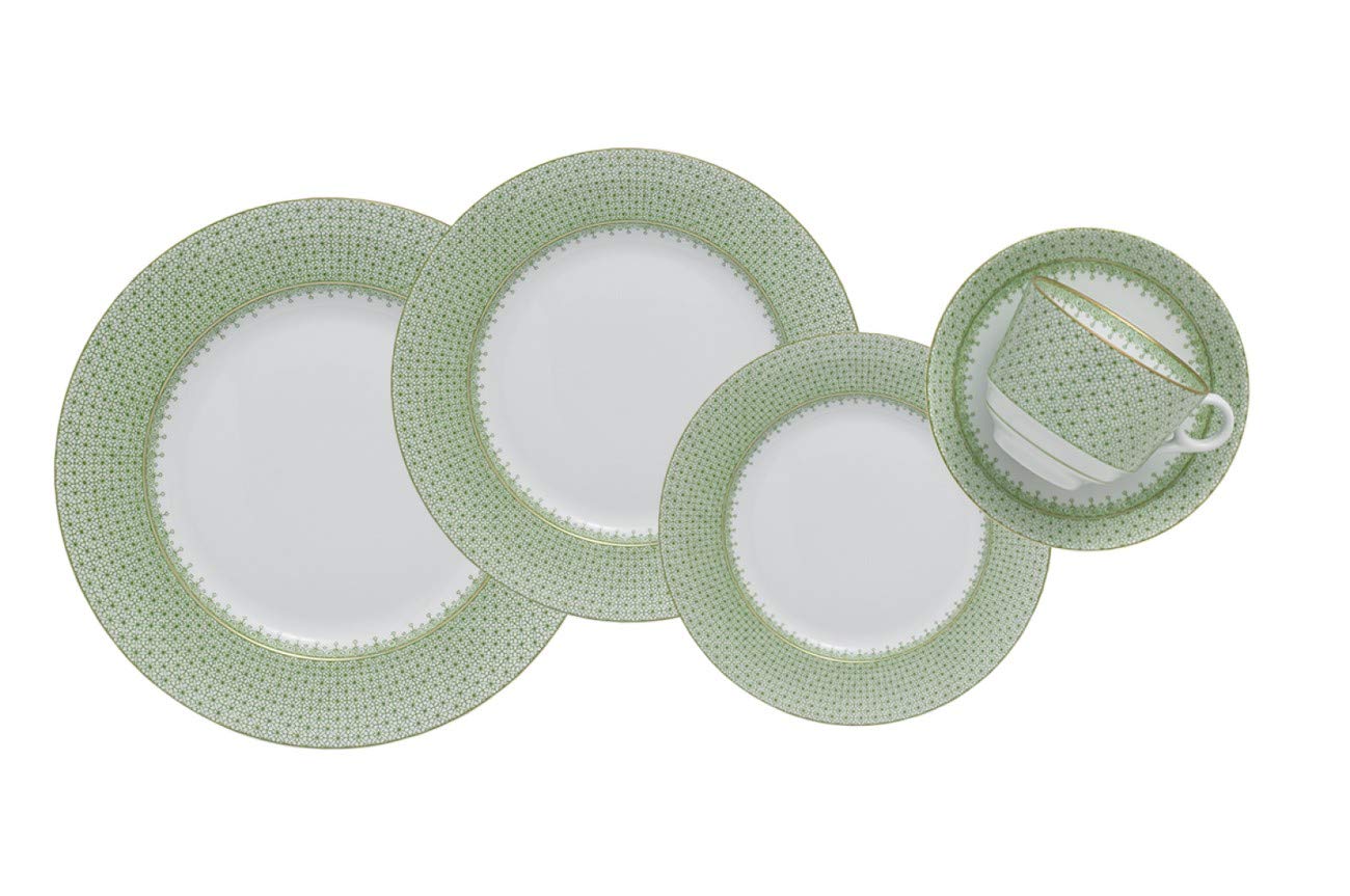 Apple Green Lace 5-Piece Place Setting Set - Dinner Plate, Salad Plate, Bread Plate, Tea Cup & Saucer - Elegant Tableware for Formal Dining, Tea Parties & Special Occasions