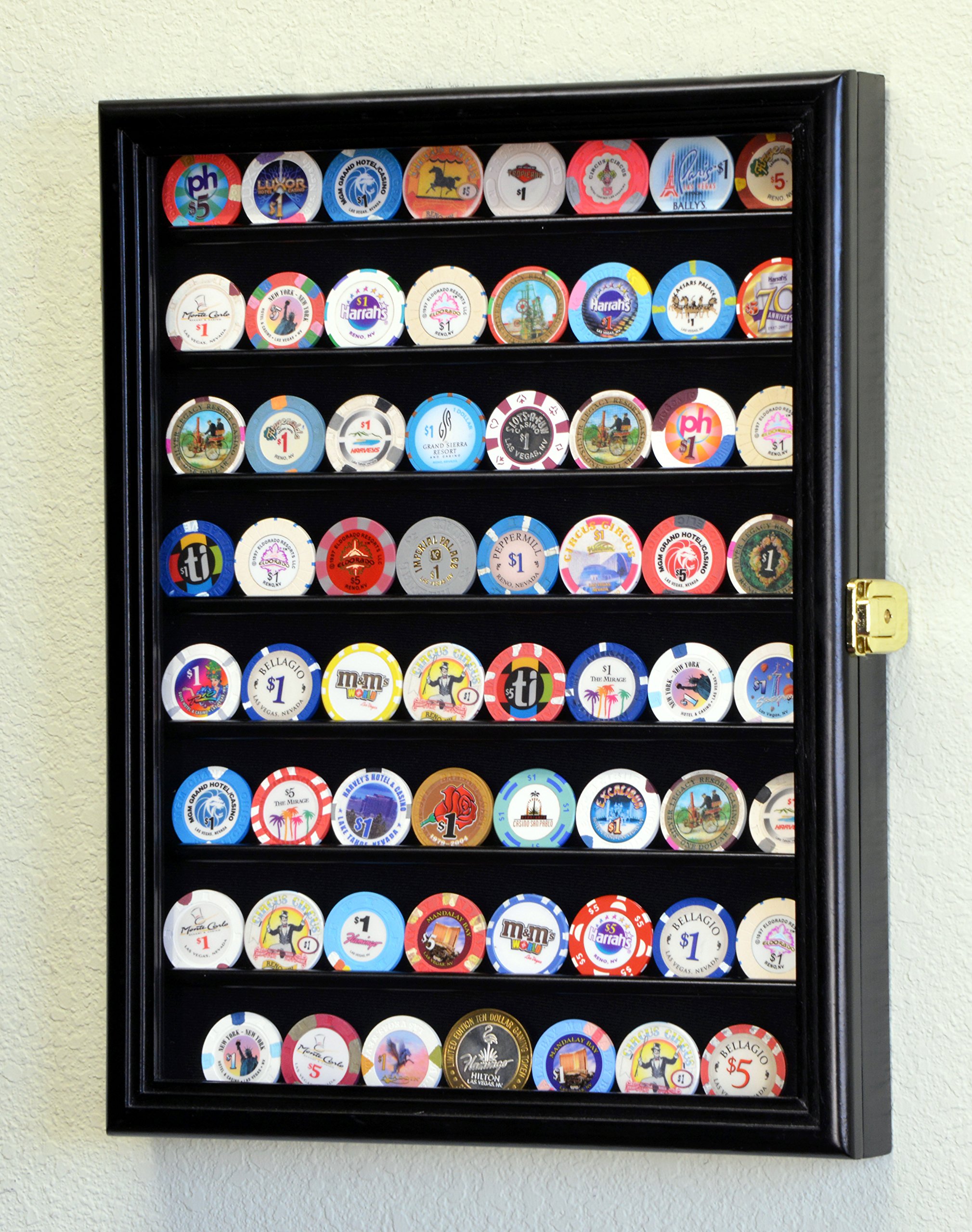 64-Slot Casino Chip Display Case - Lockable Wall Cabinet with UV Protection for Poker Chips & Collectibles - Perfect for Home Game Rooms & Casino Themed Decor