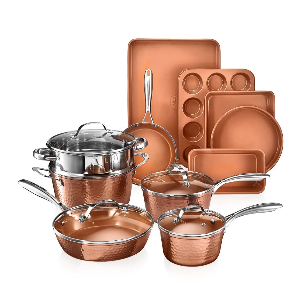 Gotham Steel Hammered 15-Piece Ceramic Non-Stick Cookware Set - Non-Toxic Pots and Pans, Oven & Dishwasher Safe - Perfect for Baking, Frying, and Everyday Cooking