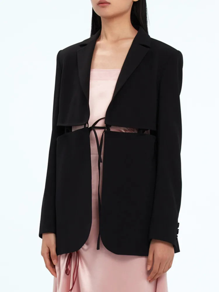 Women's Bandage Blazer - Notched Collar Long Sleeve Solid Minimalist Jacket | Office Wear, Business Casual & Formal Outfits