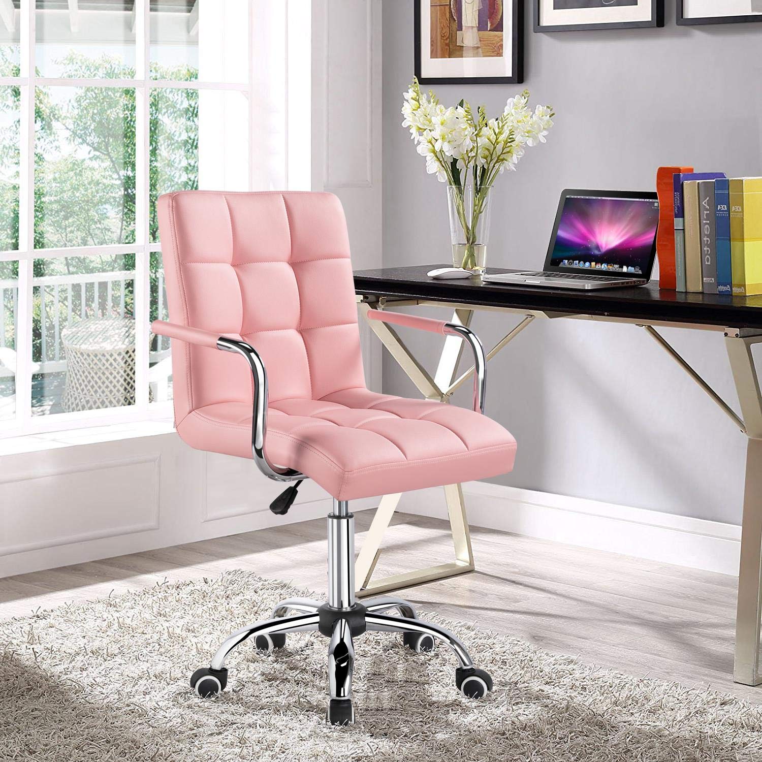 Yaheetech Pink PU Leather Ergonomic Office Chair - Adjustable Height, Rolling Wheels, Comfortable Desk Chair for Home, Office & Gaming Use