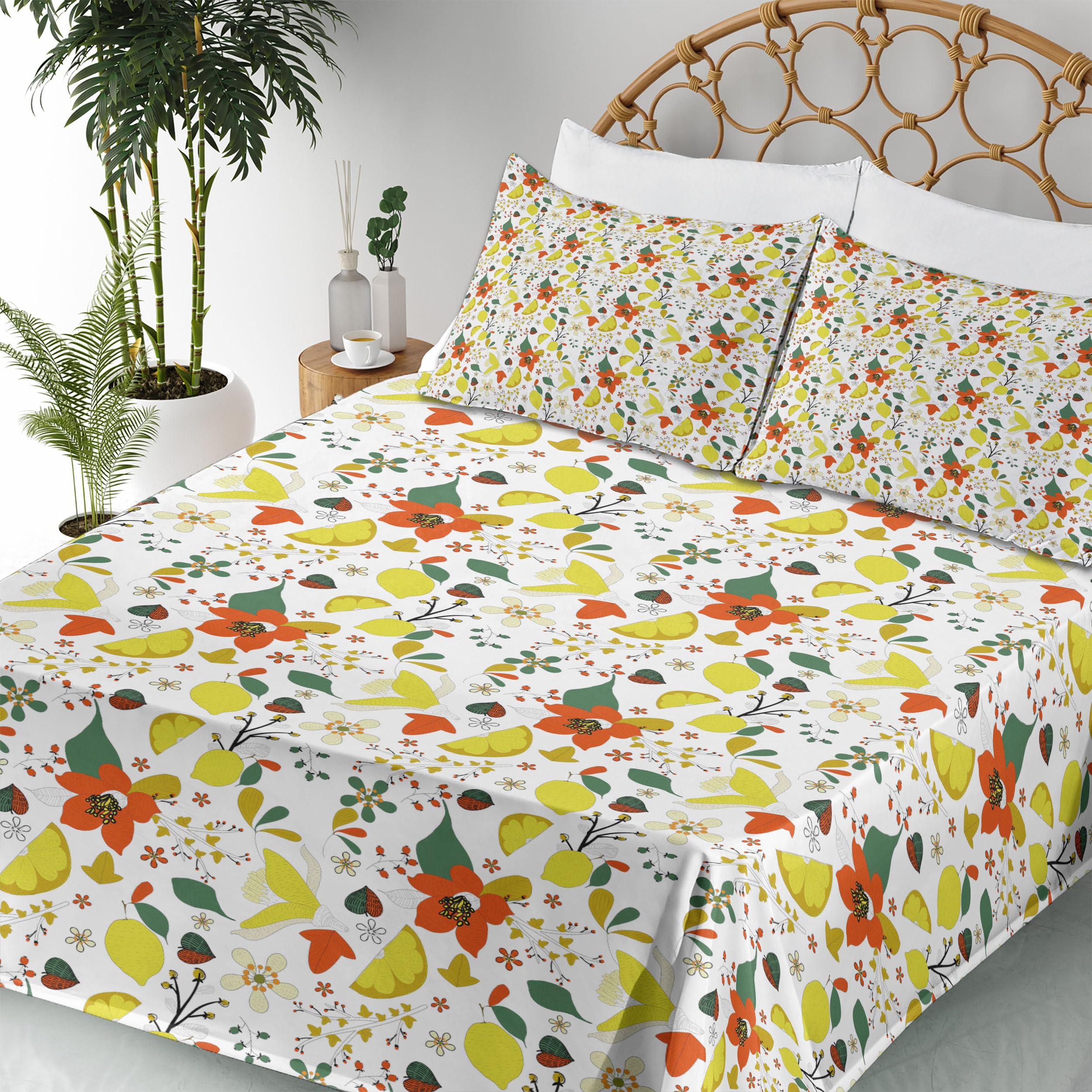 Ambesonne Floral Sheet Set 4-Piece King Size - Spring Flowers with Lemon Leaves Inspirational Design, Fitted & Flat Sheets with Pillowcases - Red Yellow Forest Green Bedding for Master Bedroom & Guest Room Decor