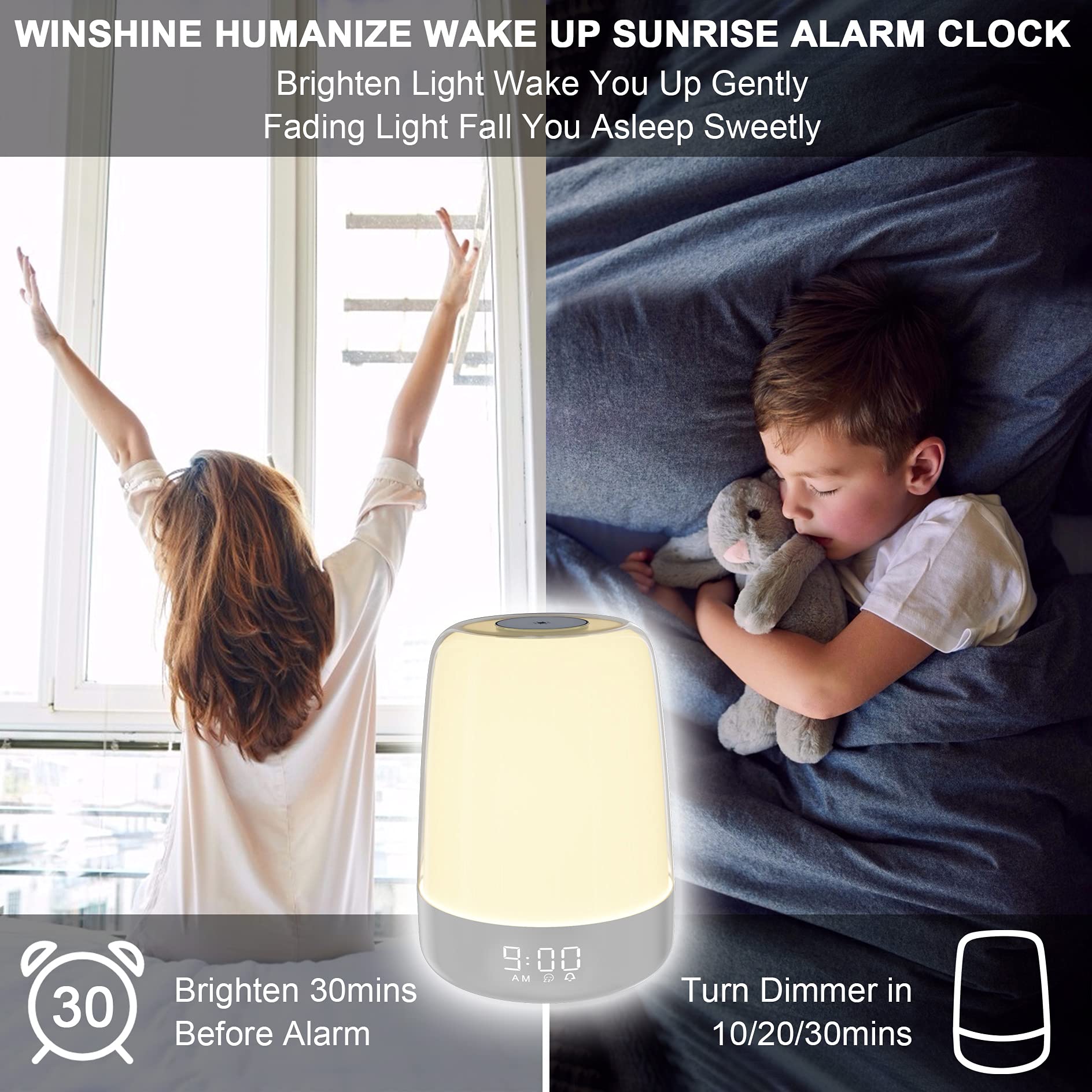 Winshine Sunrise Simulation Alarm Clock & Night Light - 3-Way Dimmable Warm White Bedside Lamp with RGB Ambient Lighting for Kids Bedrooms, Sleep Aid with Snooze Timer - Perfect for Nighttime Feedings, Reading & Relaxation