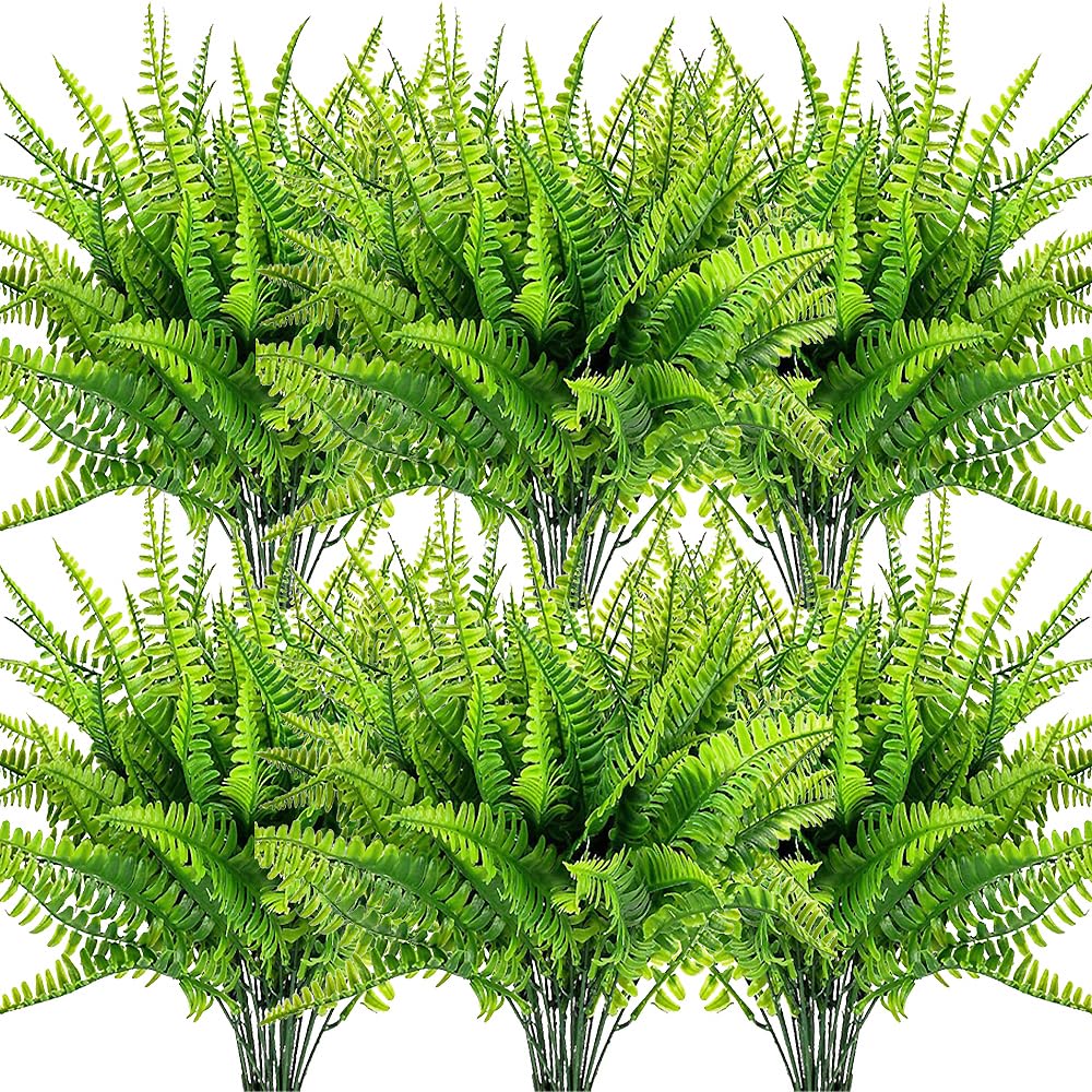 Artificial Fern Plants for Outdoors - 12 Pack Fake Boston Ferns, UV Resistant Faux Greenery for Patio, Porch, Deck & Garden Decor - Perfect for Home, Office & Commercial Spaces