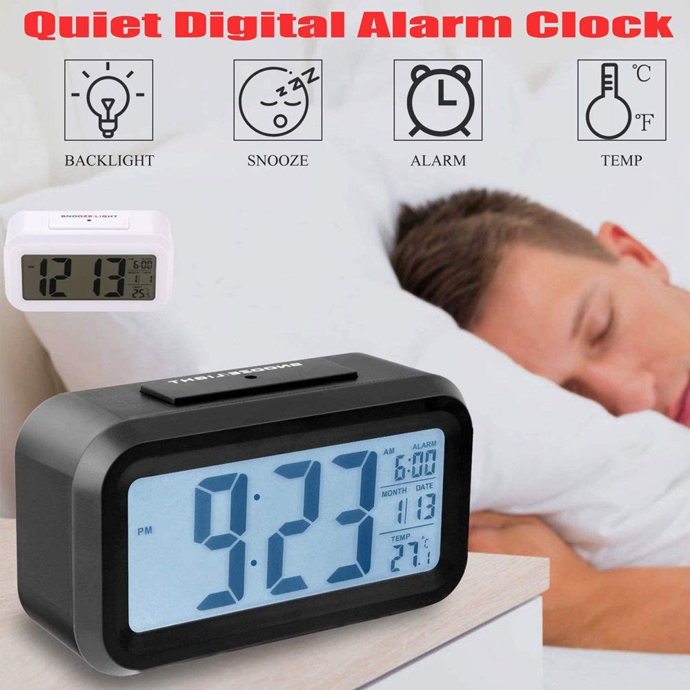 Digital Alarm Clock with LCD Display - 12/24H Time, Temperature, Snooze & Sleep Timer - White Electric Bedside Clock for Bedroom | Perfect for Nightstands, Home Office & Dorm Rooms