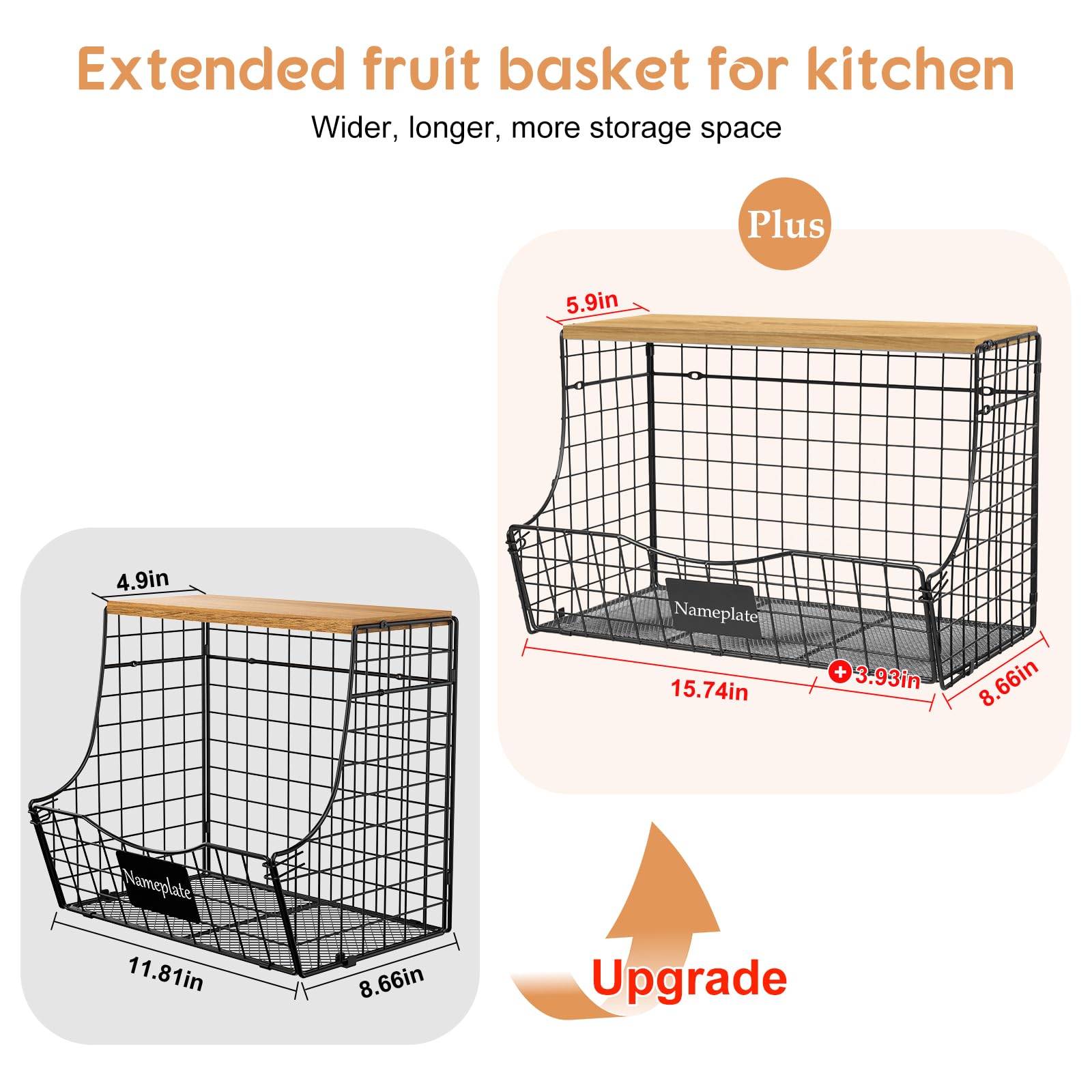 Extra Large Wooden Lid Fruit Basket for Kitchen - Stackable Metal Hanging Wire Baskets for Onion, Potato & Pantry Storage (3-Pack) | Countertop & Wall Mounted Organizer for Fruits, Vegetables & Kitchen Essentials