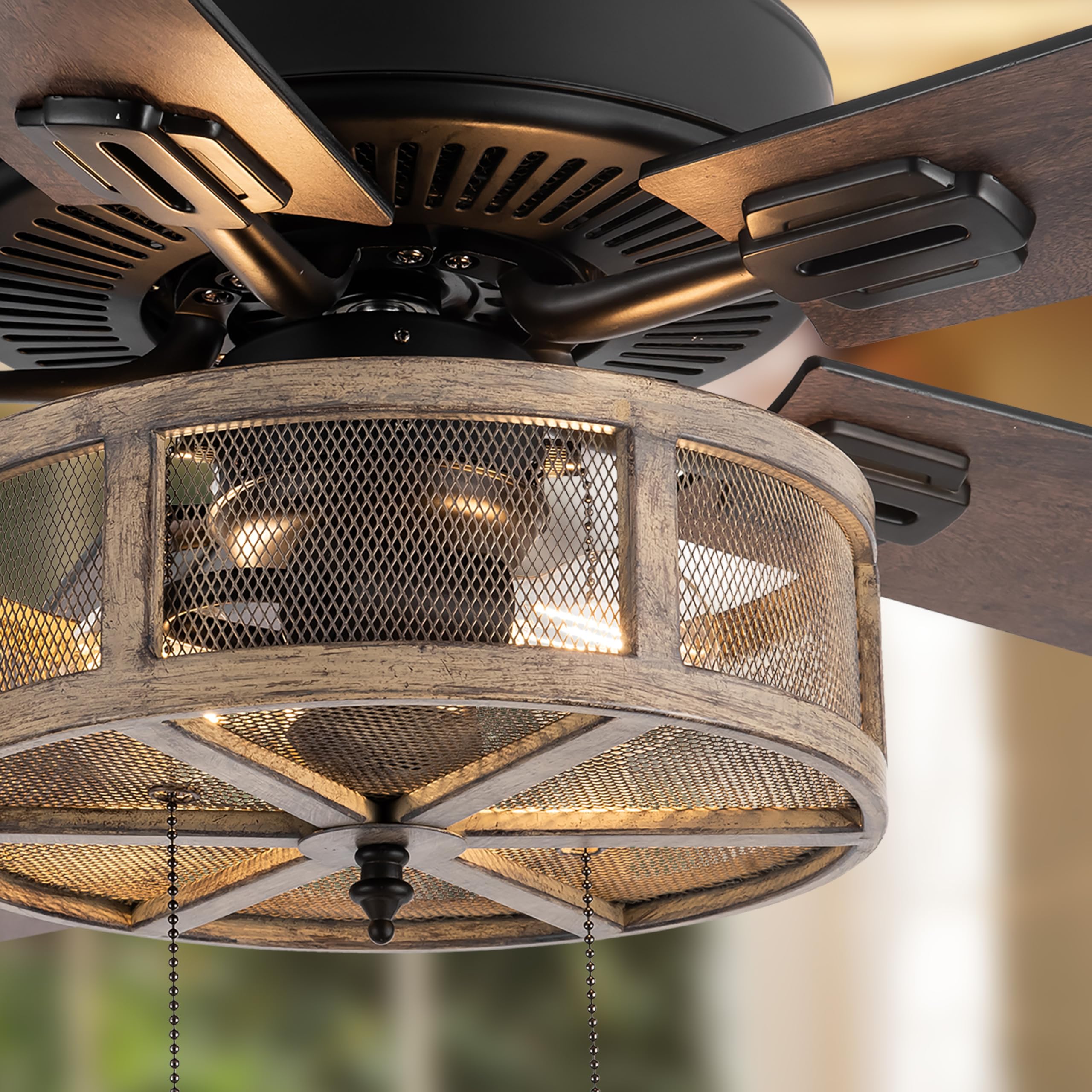 52 Inch LED Modern Farmhouse Ceiling Fan with Light - Rustic Industrial Ceiling Fan with Cage Shade - Remote Control, Reversible Motor - Perfect for Living Room, Bedroom & Patio