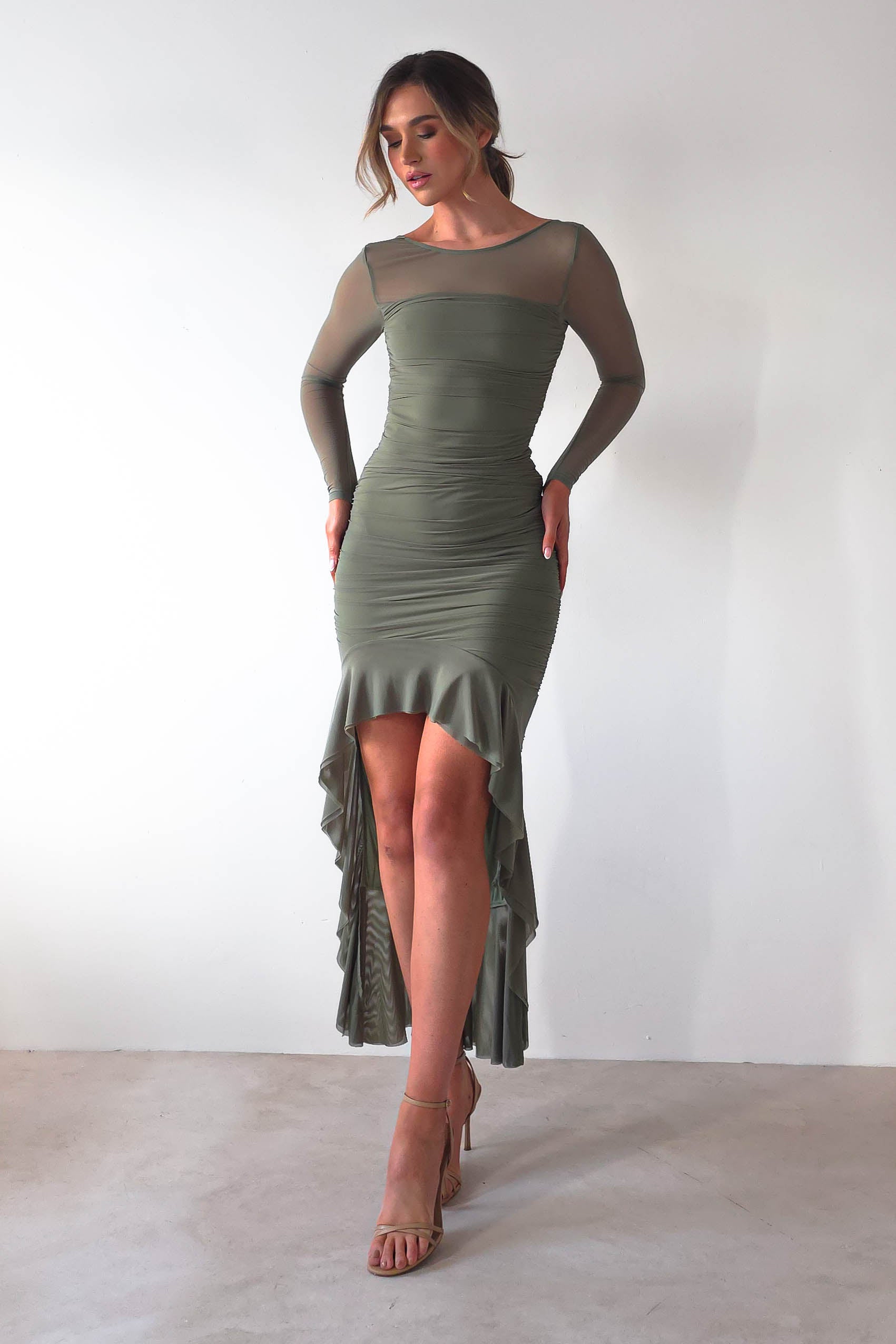 Carlson Women's Olive Mesh Midaxi Dress - Elegant Casual & Party Wear for Summer Evenings