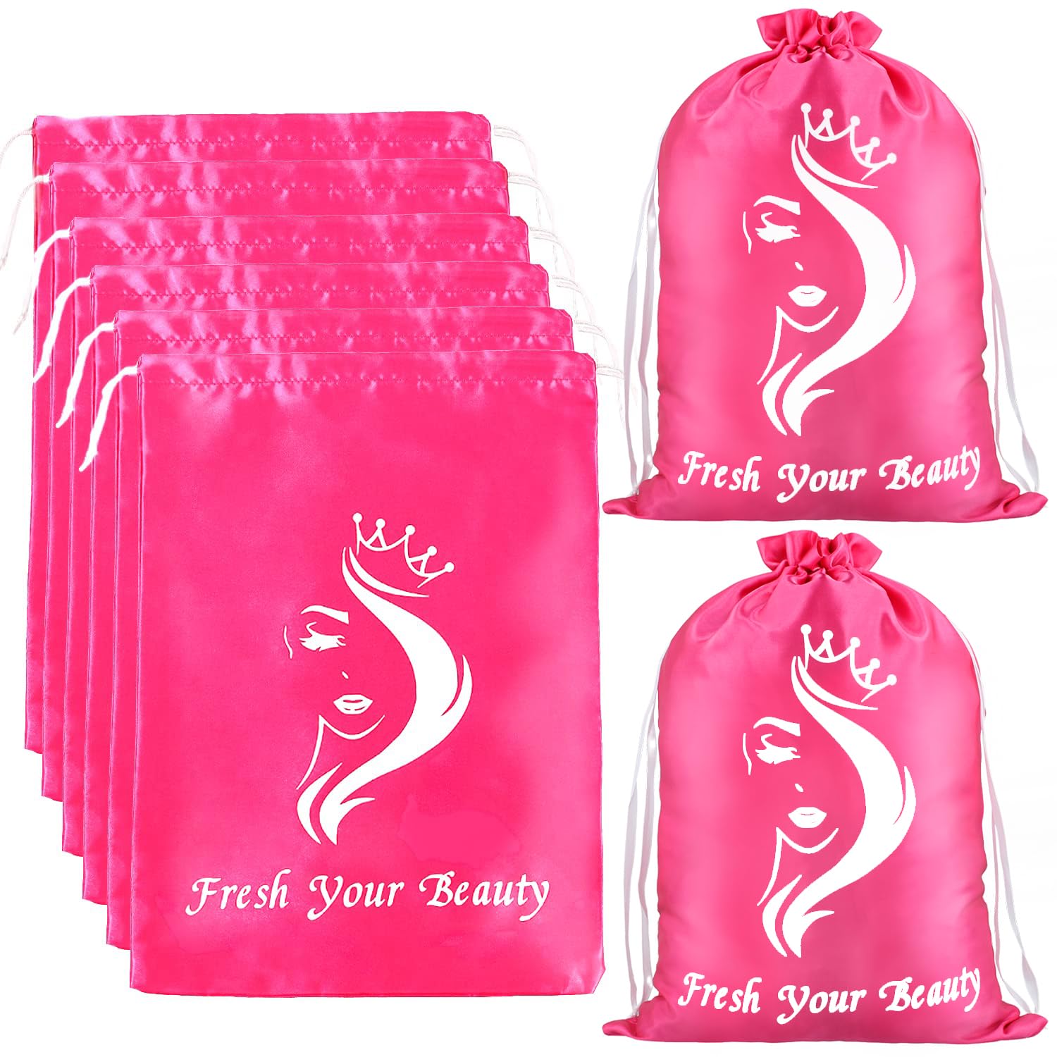 Premium Satin Drawstring Bags - 6 Pack Pink Silk Pouches for Wigs, Hair Extensions, Jewelry, Cosmetics & Travel Storage - Elegant Gift Packaging for Bridal, Salon & Business Use