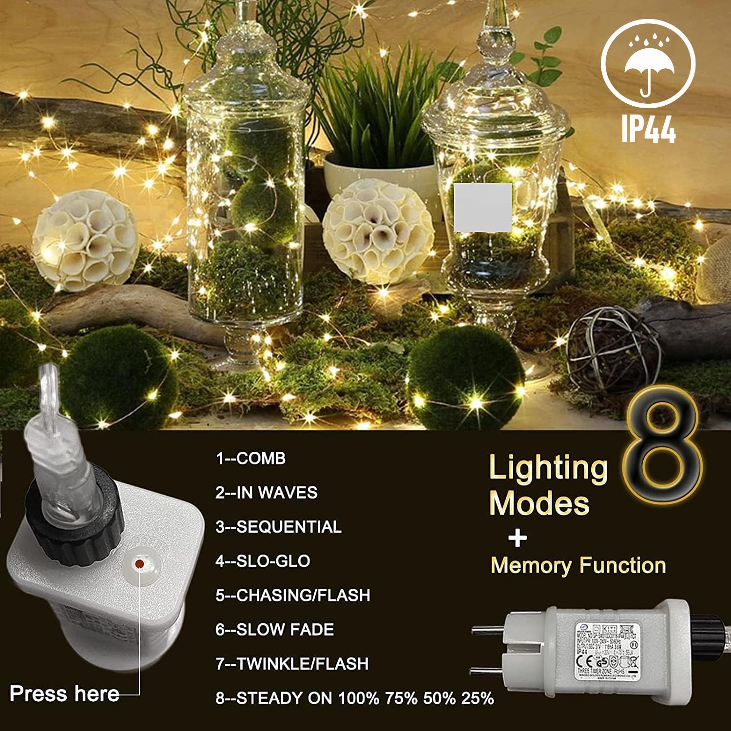 Gresonic 200/300 LED Silver Wire Fairy Lights - Indoor/Outdoor Battery Operated String Lights, Warm White (8 Modes, Timer, Dimmable, 200 LEDs) - Perfect for Christmas, Wedding, Party, Garden, and Home Decor