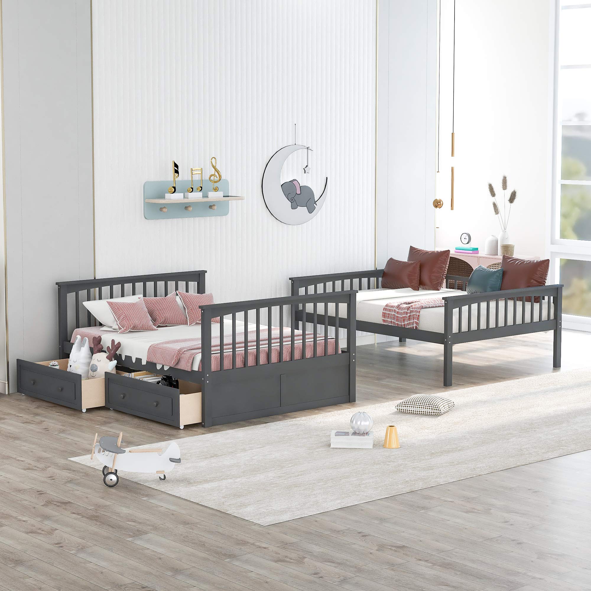 Harper & Bright Designs Full Over Full Wooden Bunk Bed with Safety Rail & Ladder - Kids & Teens Bunk Bed with 2 Storage Drawers - Sturdy Bed Frame for Bedroom, Guest Room & Small Spaces (Grey)