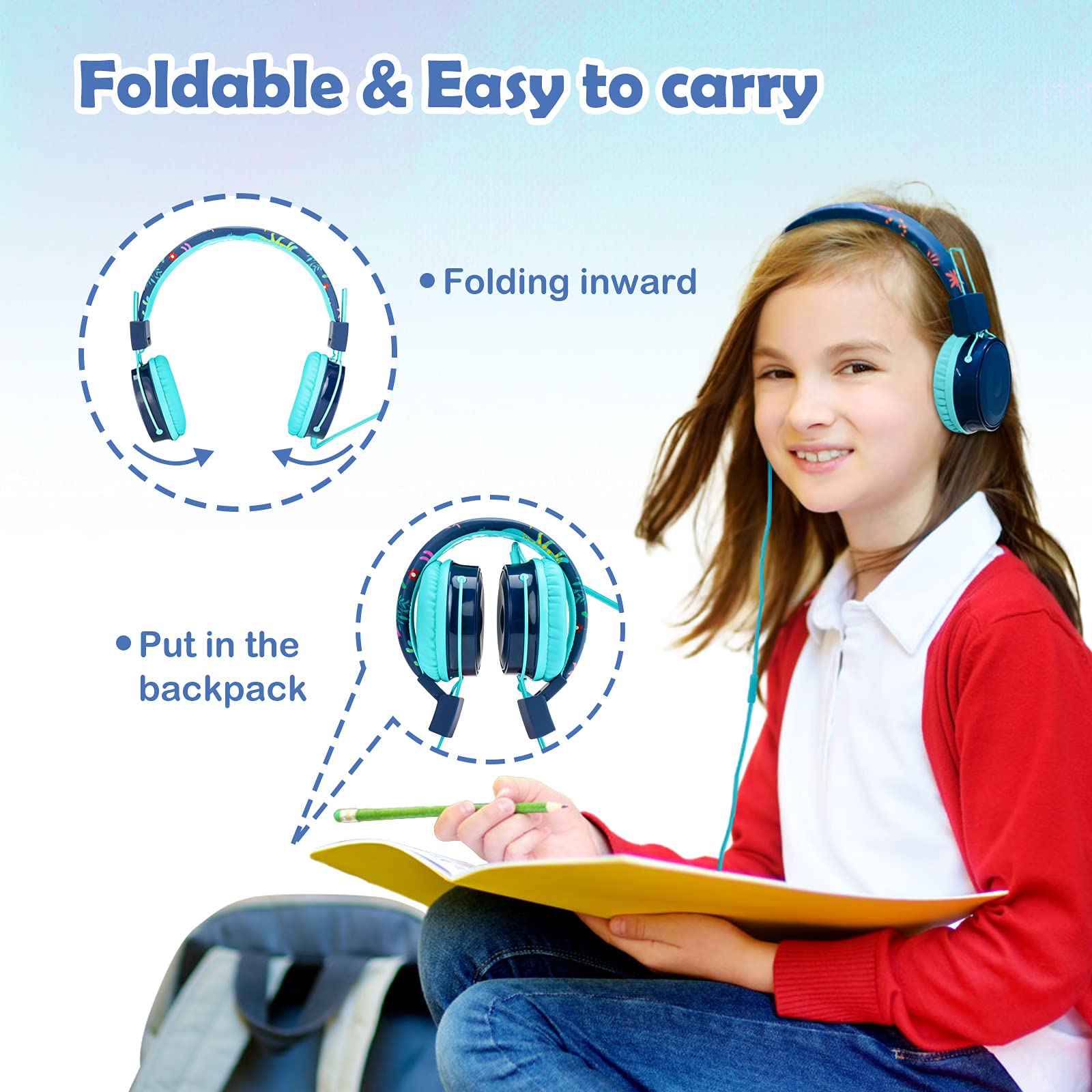 OKCSC B2 Kids Cartoon Headphones with Microphone - 85dB Safe Volume Limited On-Ear Headset for Boys & Girls, Foldable Adjustable 3.5mm Wired Stereo Headphones for School, Travel, Tablet & Smartphone Use - Mint Green