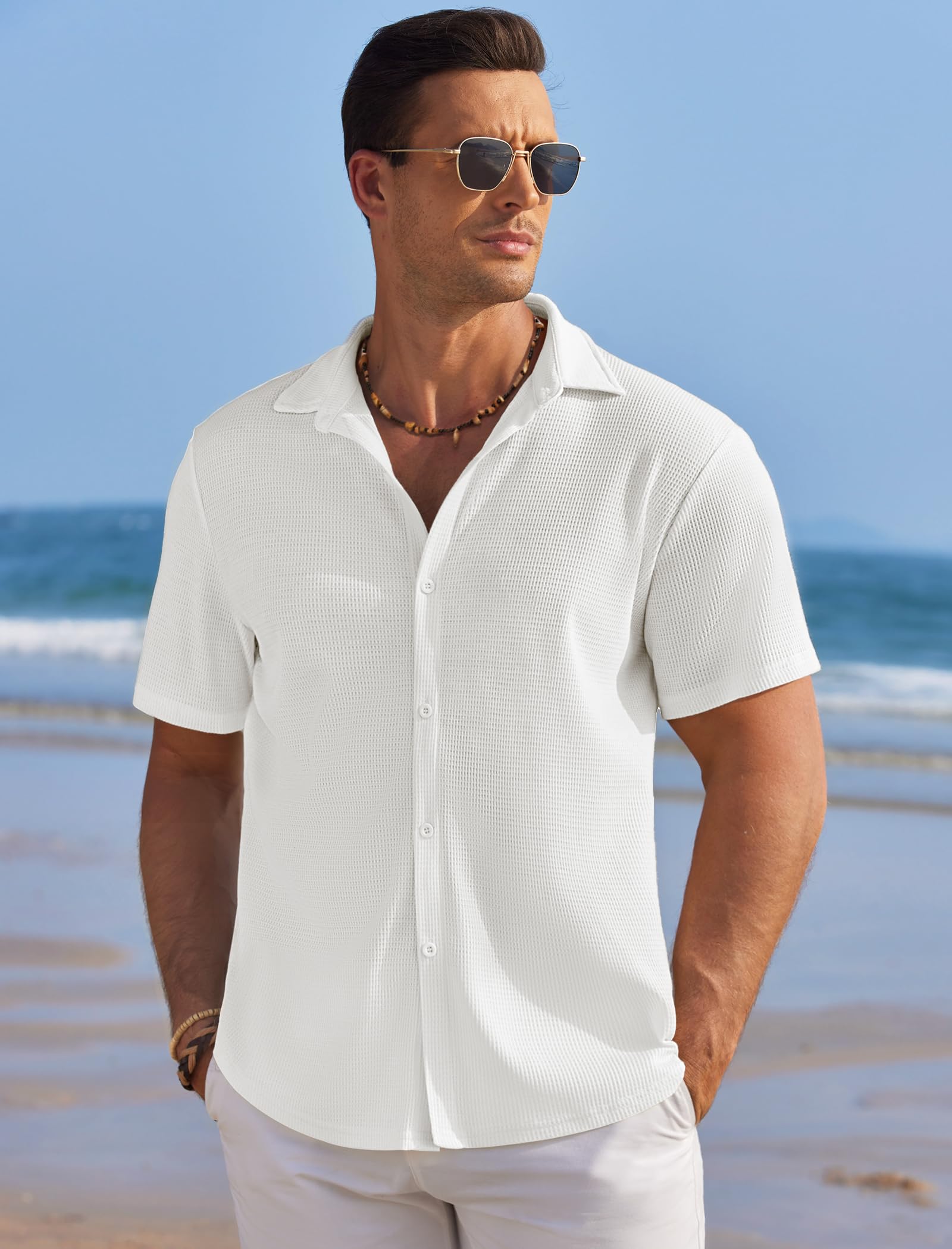 COOFANDY Men's Casual Short Sleeve Waffle Knit Button Down Shirt - Breathable Wrinkle-Free Summer Shirt for Beach, Vacation & Outdoor Activities
