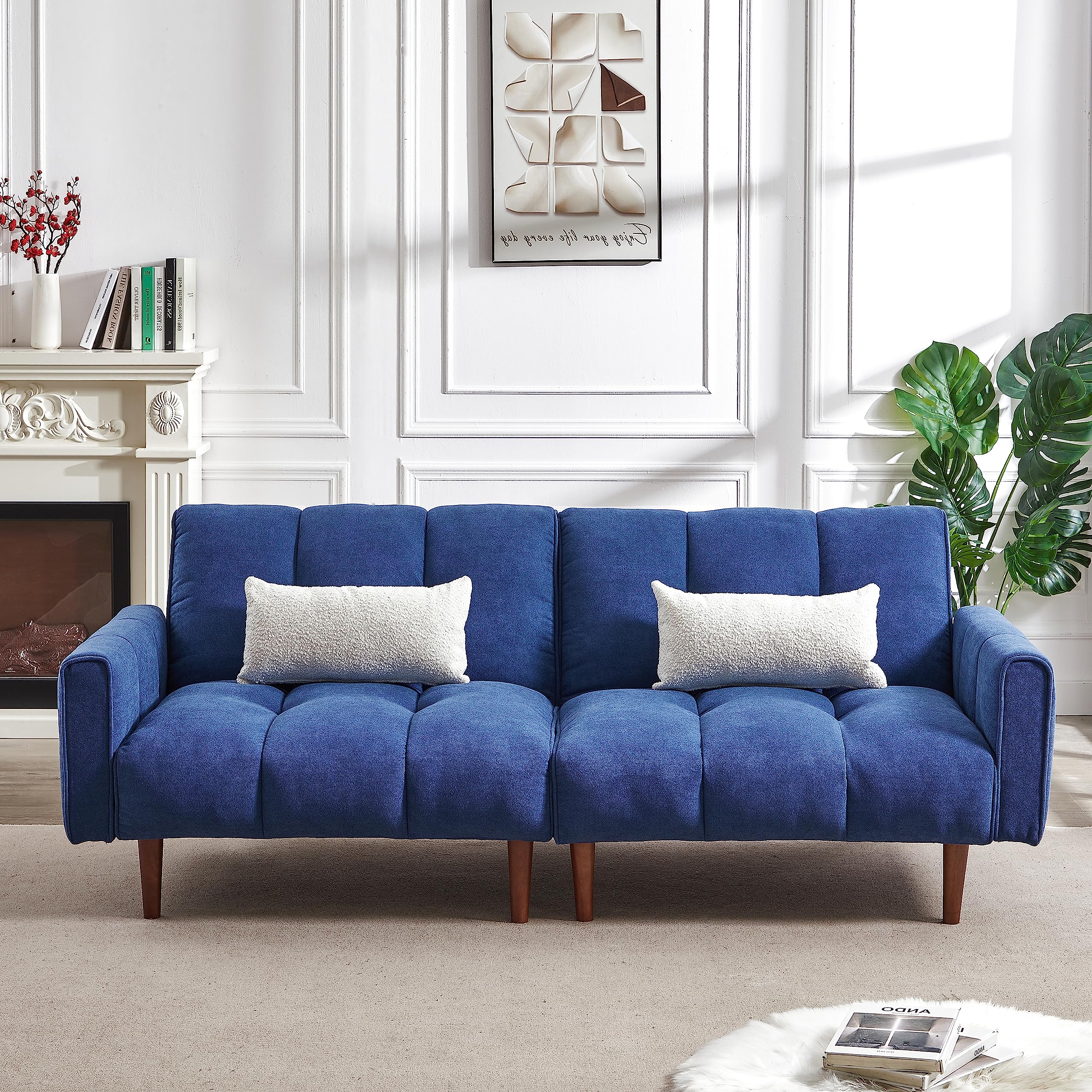 Convertible Futon Sofa Bed - Adjustable Couch Sleeper with Wooden Legs & 2 Pillows | Modern Fabric Linen Upholstered Sleeper Sofa for Small Spaces | Perfect for Apartments, Living Rooms, Studios & Guest Rooms (Blue)