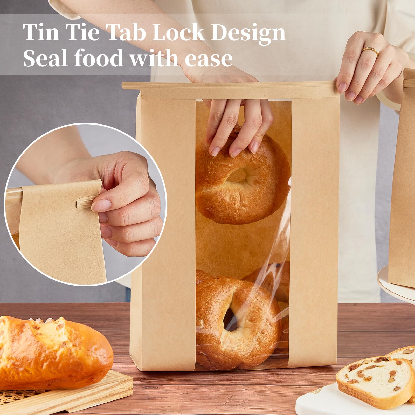 100 PCS Large Paper Bread Bags with Window - 13.7 x 8.2 x 3.5 Inches Bakery Packaging for Sourdough Bread, Homemade Loaves | Tin Tie Tab Lock & Seal Stickers | Perfect for Bakeries, Farmers Markets & Gift Packaging