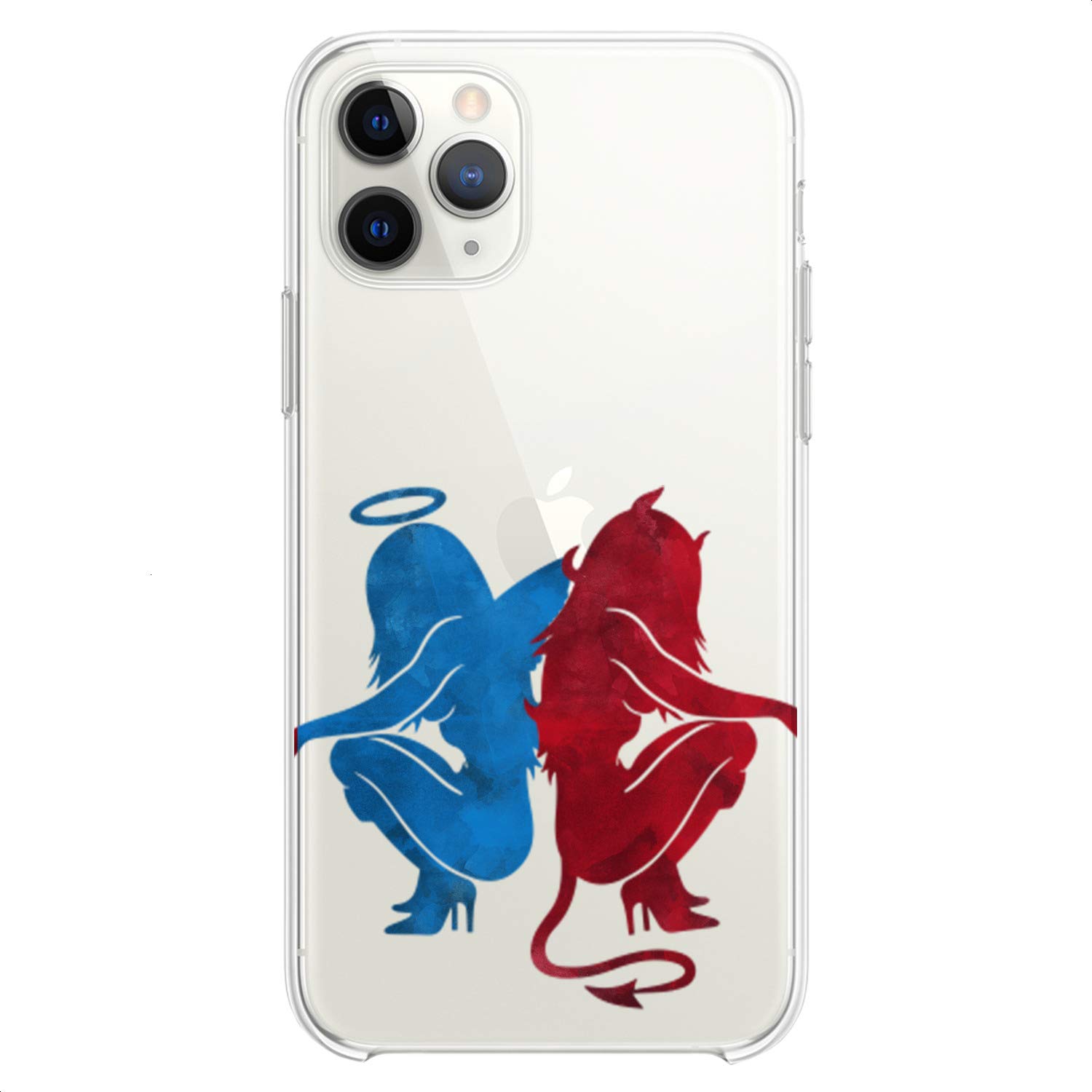 **TPU Case for iPhone 16/15/14/13/12/11 Pro Max/Plus/Mini/XS/XR/X/8+/7/6/5/SE - Angel & Devil Clear Blue Print Art Design, Slim & Flexible Silicone Cover for Women (Cute Watercolor Style) - Perfect for Everyday Use & Gift Giving**