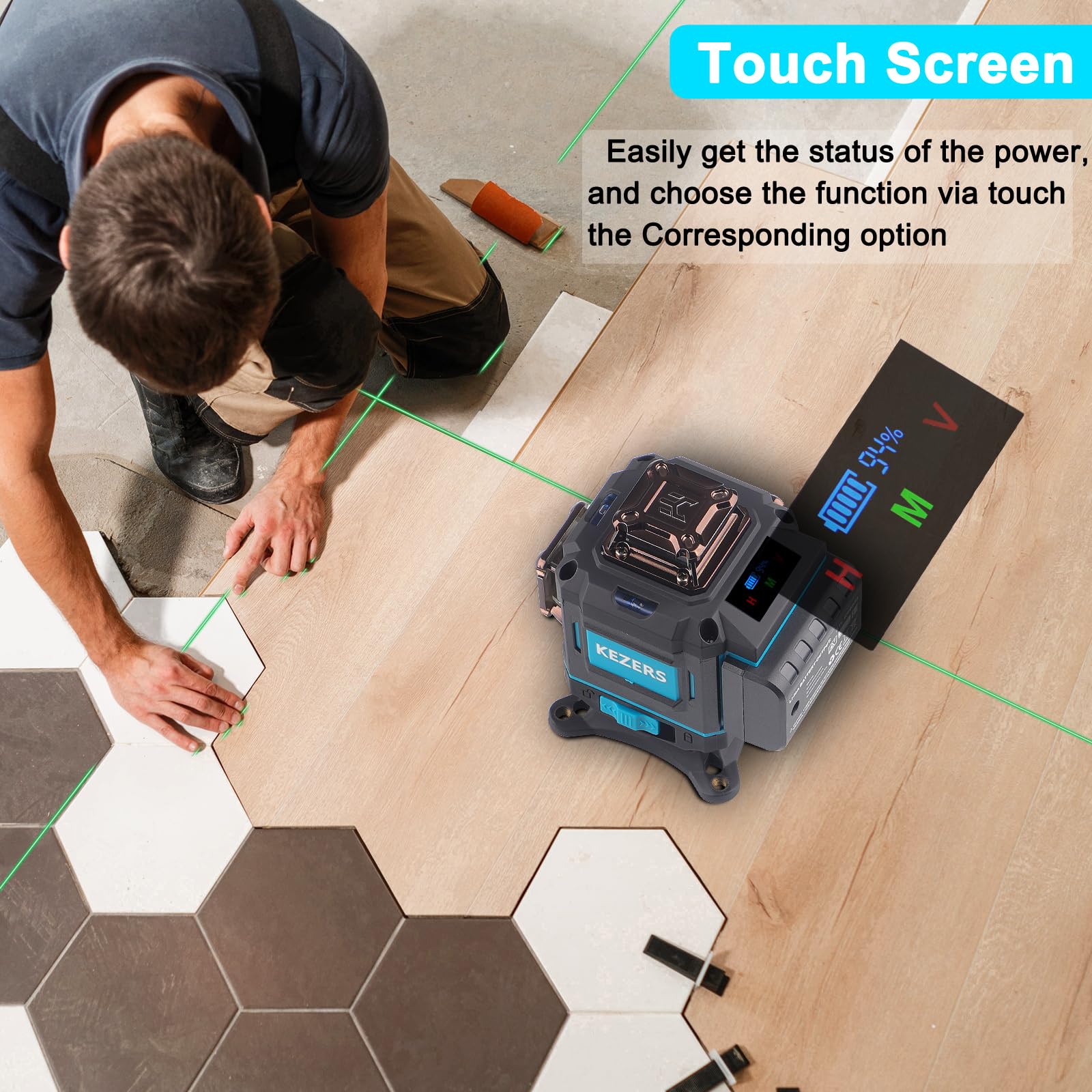 KEZERS 360° Self-Leveling Green Laser Level with Screen - 4 x 360° Laser Lines, Pulse Mode & Remote Control for Construction, Picture Hanging & DIY Projects - Perfect for Home Renovation, Tile Installation & Wall Alignment