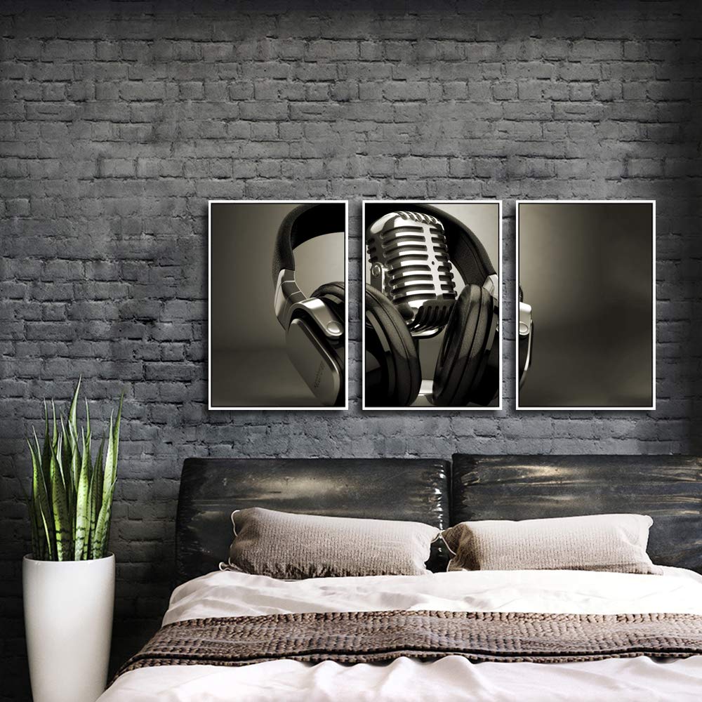 IDEA4WALL Framed Canvas Wall Art - 16x24 Inch 3-Panel Microphone Print for Modern Home Decor | Ready to Hang Living Room & Bedroom Wall Decor | Perfect for Music Lovers & Studio Style Interior Design