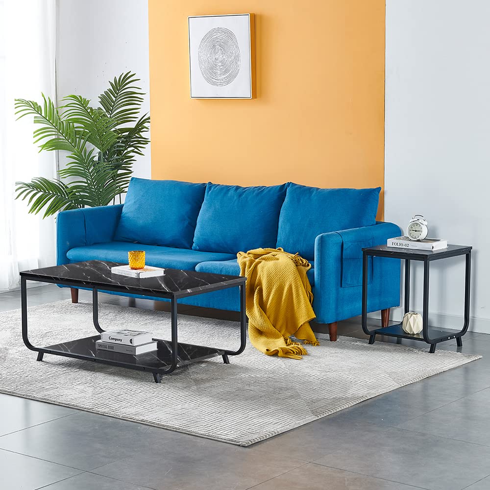 2-Tier Modern Coffee Table with Metal Frame & Marble Print Surface - End Table, Side Table, Sofa Table with Storage Shelf for Living Room, Bedroom, Home Office - Perfect for Snacks, Books & Decor